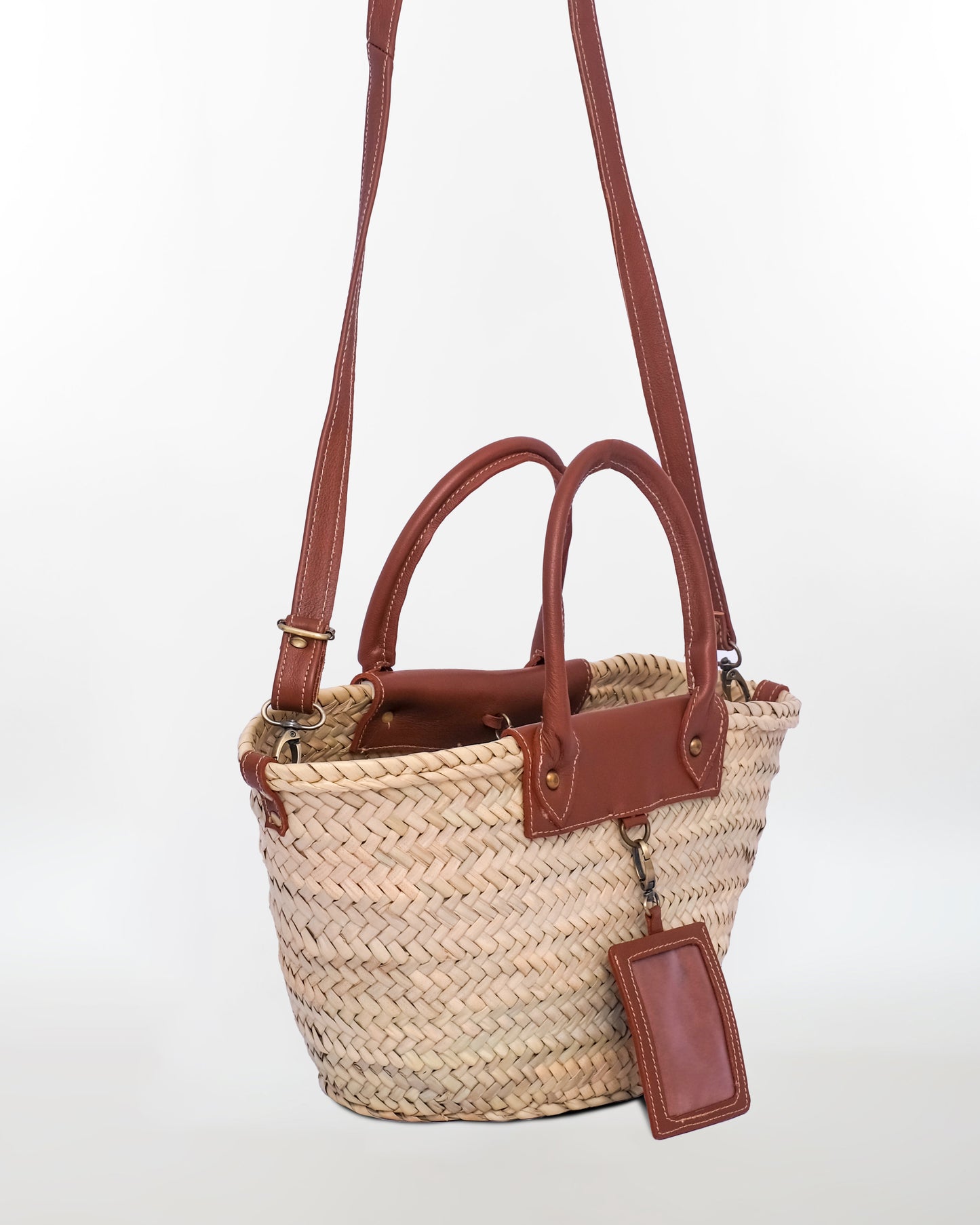 Mini Moroccan Straw Tote – Leather Handle & Crossbody Strap