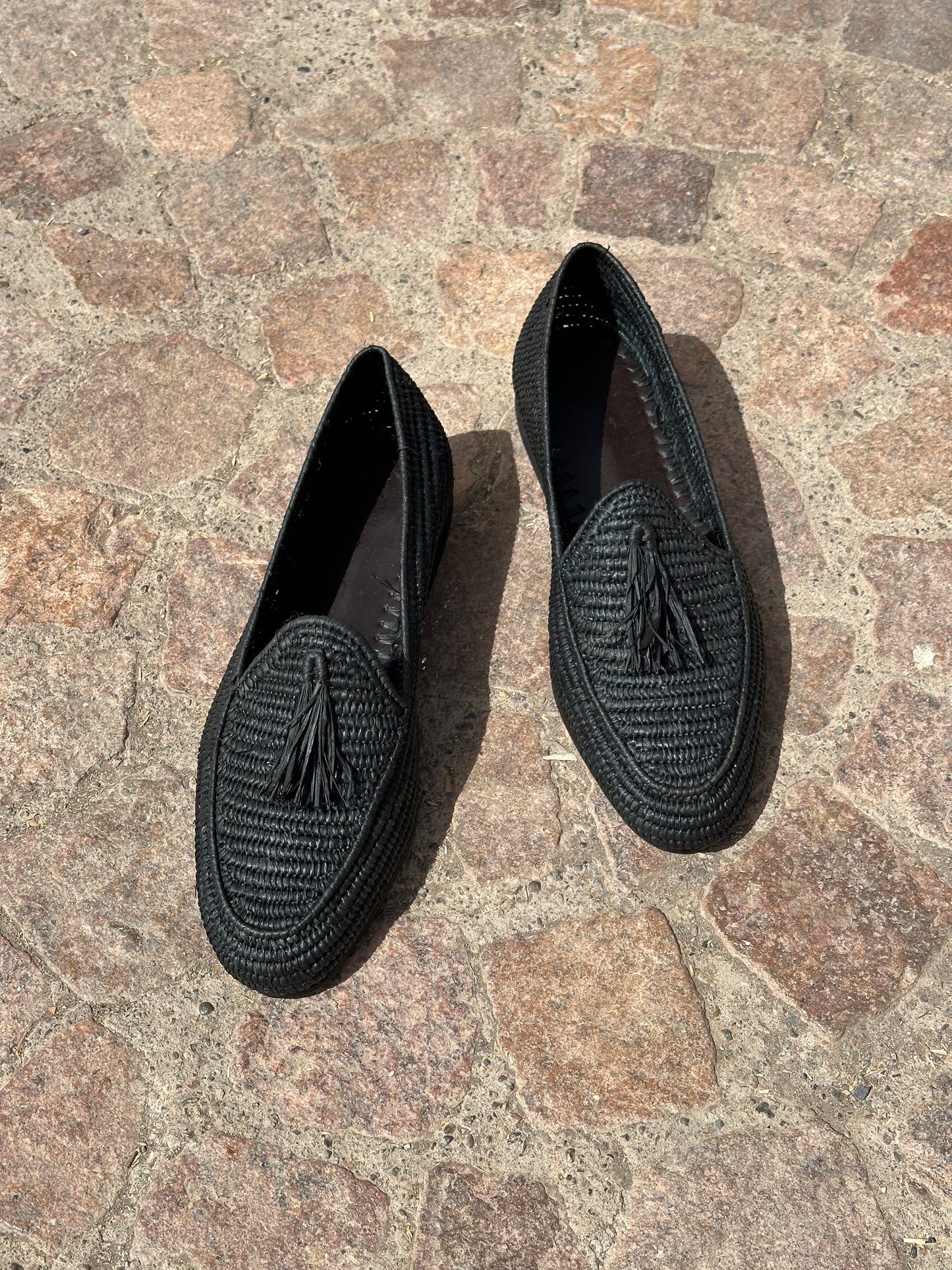 Black Raffia Loafers for Men – Handwoven Moroccan Slip-On Dress Shoes