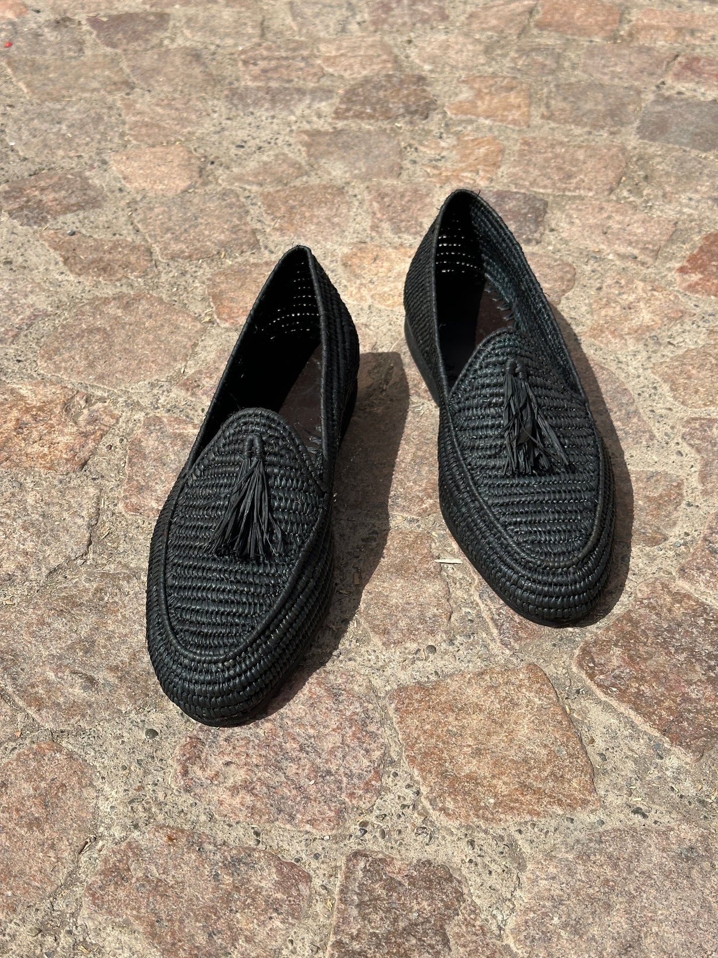 Black Raffia Loafers for Men – Handwoven Moroccan Slip-On Dress Shoes