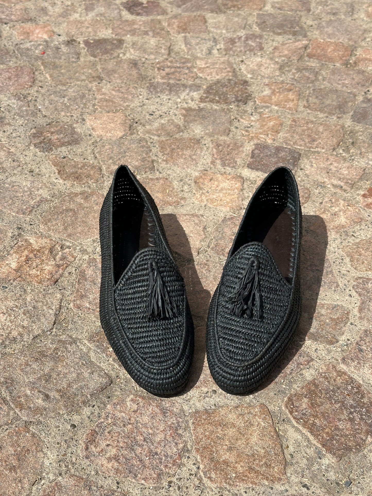 Black Raffia Loafers for Men – Handwoven Moroccan Slip-On Dress Shoes