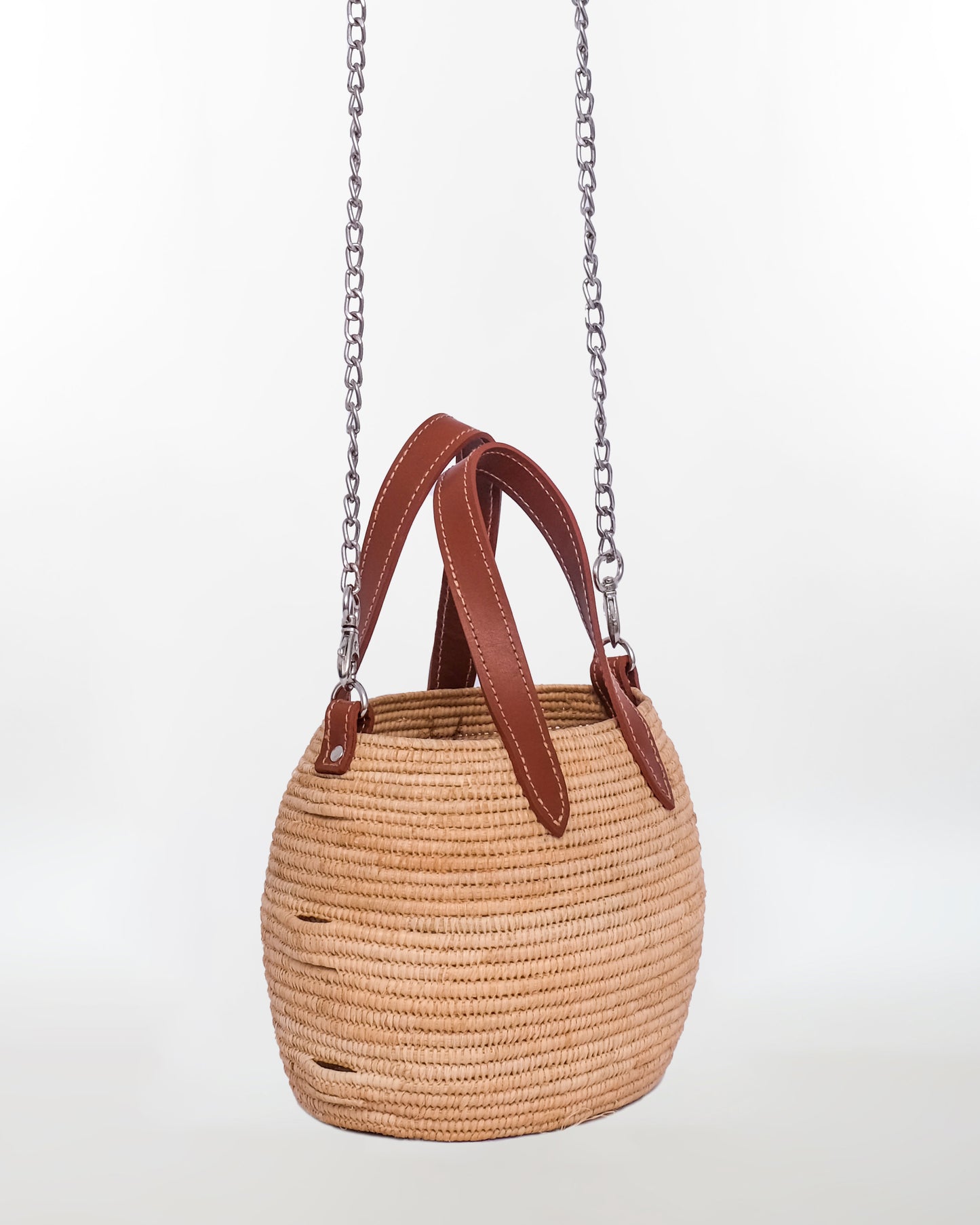 Mini Raffia Tote Bag – Handwoven Straw Purse with Leather Handles & Chain Strap