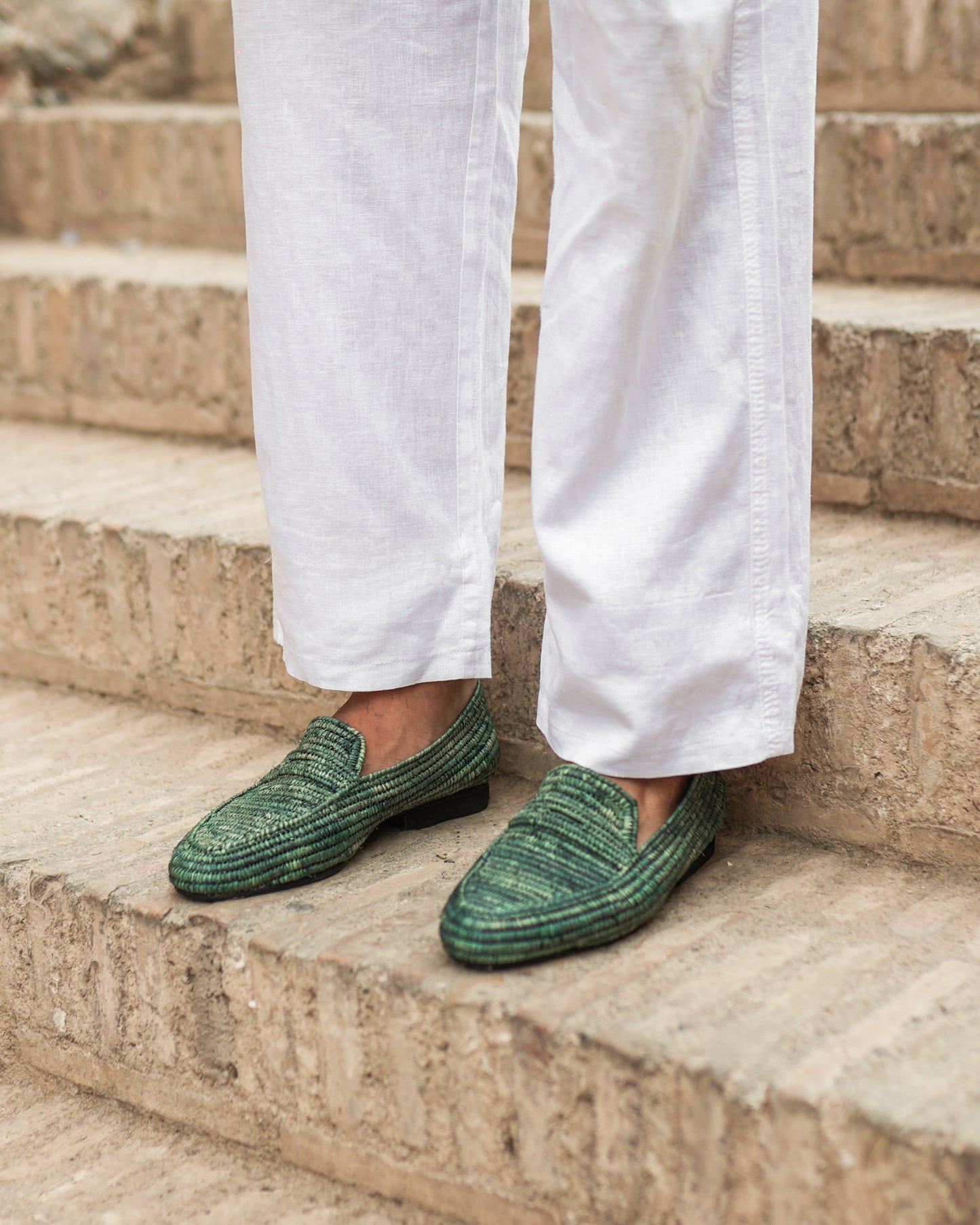 Forest Green Raffia Loafers for Men – Handwoven Moroccan Slip-On Shoes