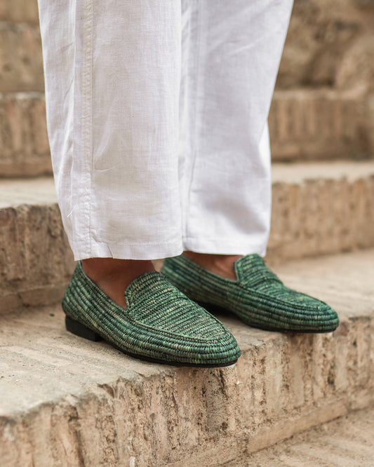 Forest Green Raffia Loafers for Men – Handwoven Moroccan Slip-On Shoes