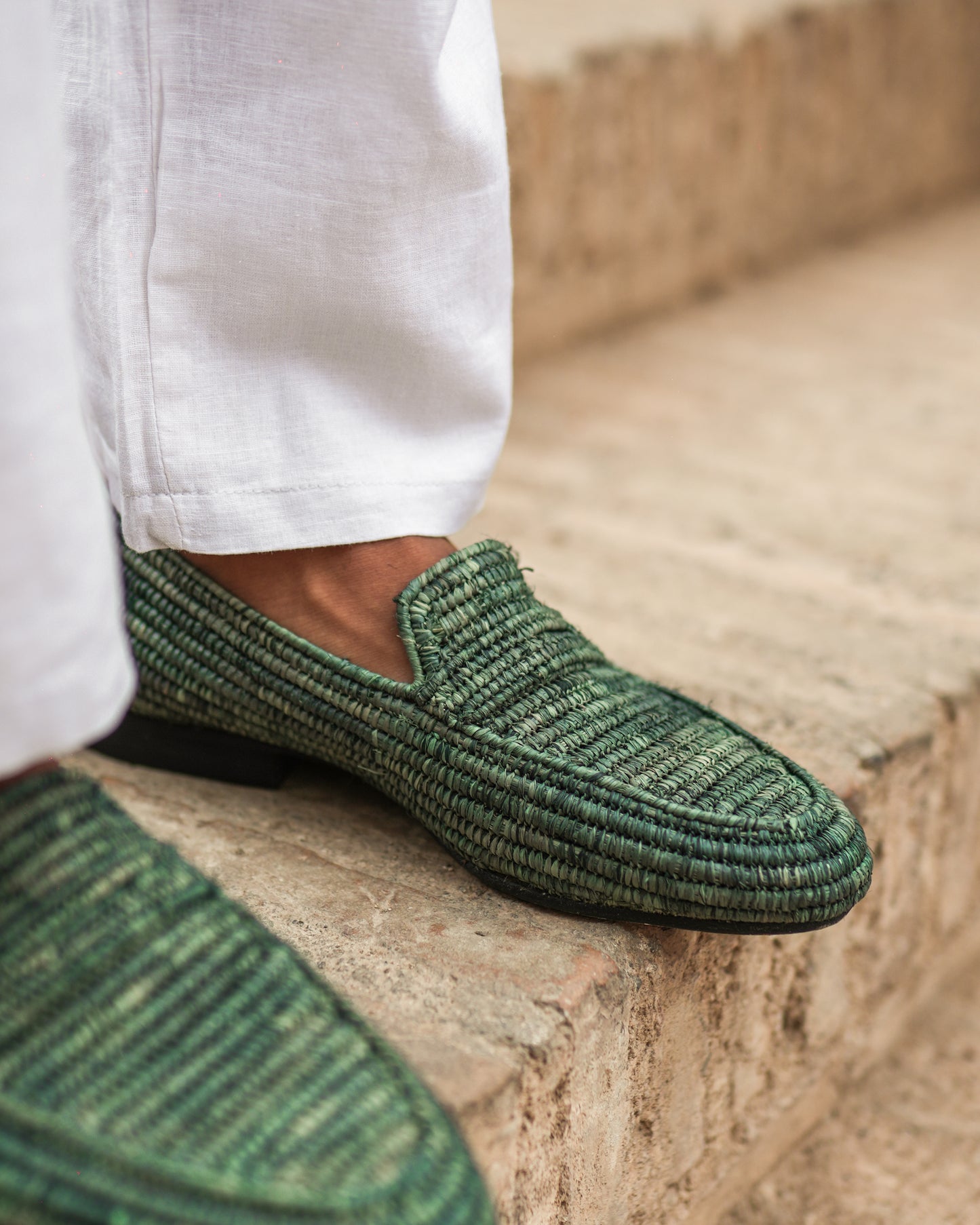 Forest Green Raffia Loafers for Men – Handwoven Moroccan Slip-On Shoes