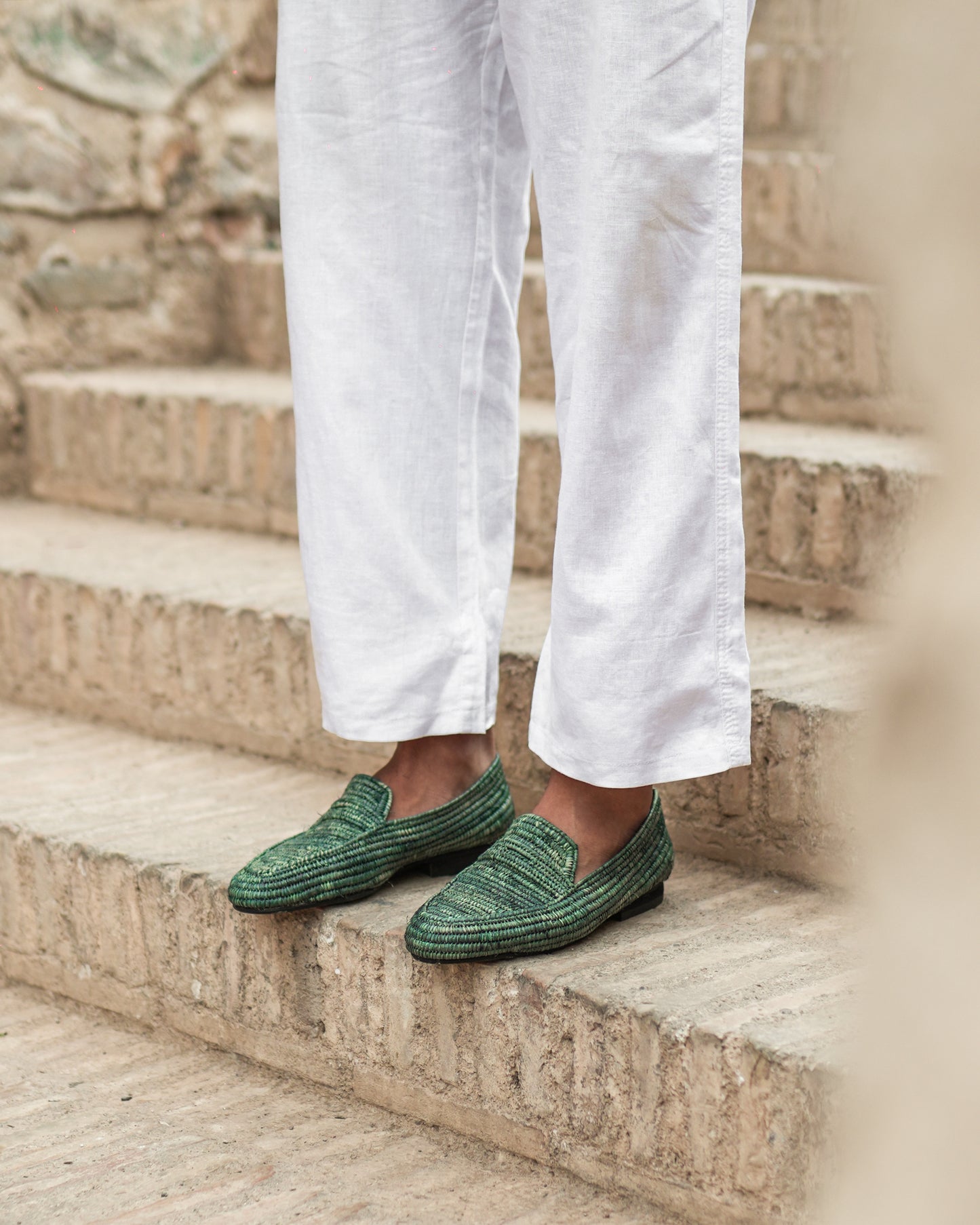 Forest Green Raffia Loafers for Men – Handwoven Moroccan Slip-On Shoes