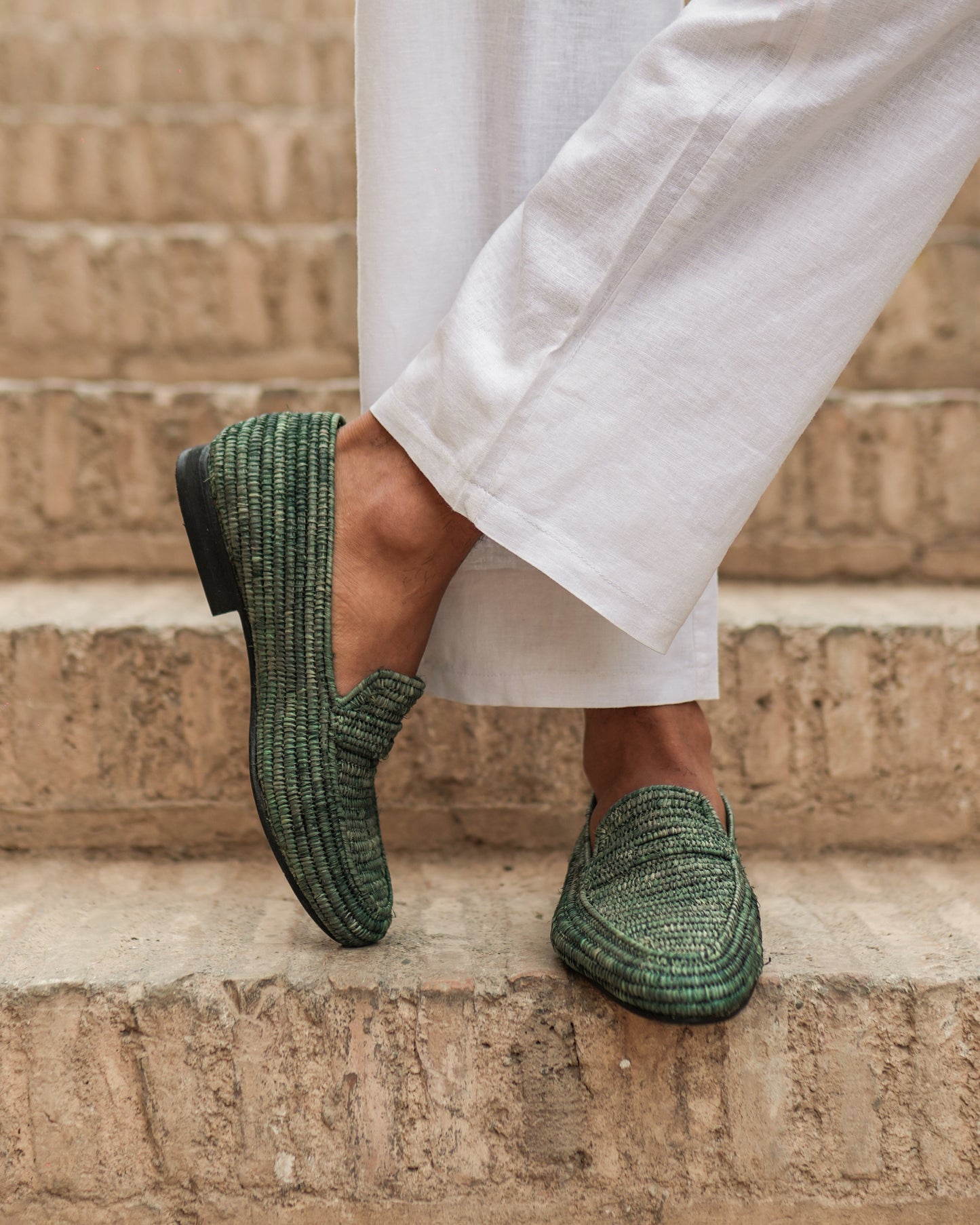 Forest Green Raffia Loafers for Men – Handwoven Moroccan Slip-On Shoes