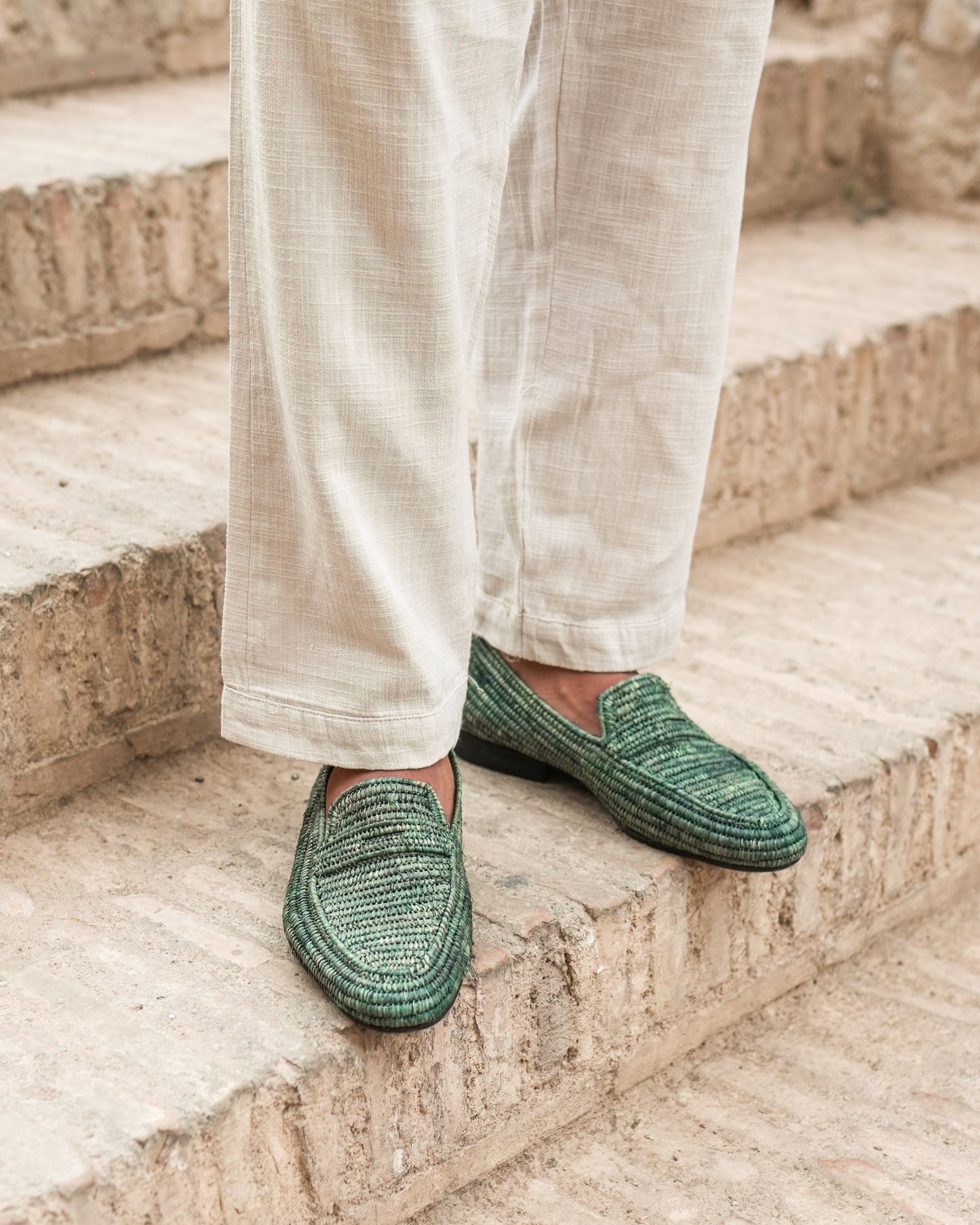 Forest Green Raffia Loafers for Men – Handwoven Moroccan Slip-On Shoes