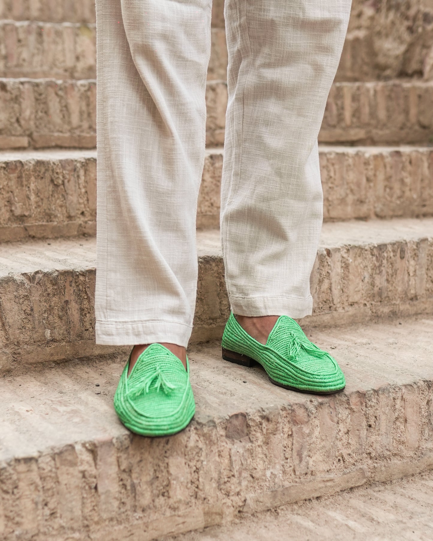 Green Raffia Loafers for Men – Handwoven Moroccan Slip-On Dress Shoes