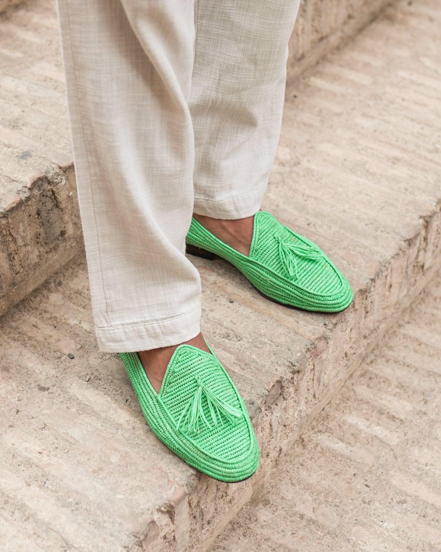 Green Raffia Loafers for Men – Handwoven Moroccan Slip-On Dress Shoes