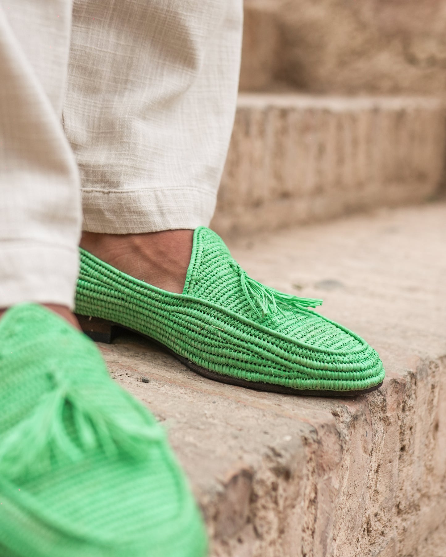 Green Raffia Loafers for Men – Handwoven Moroccan Slip-On Dress Shoes