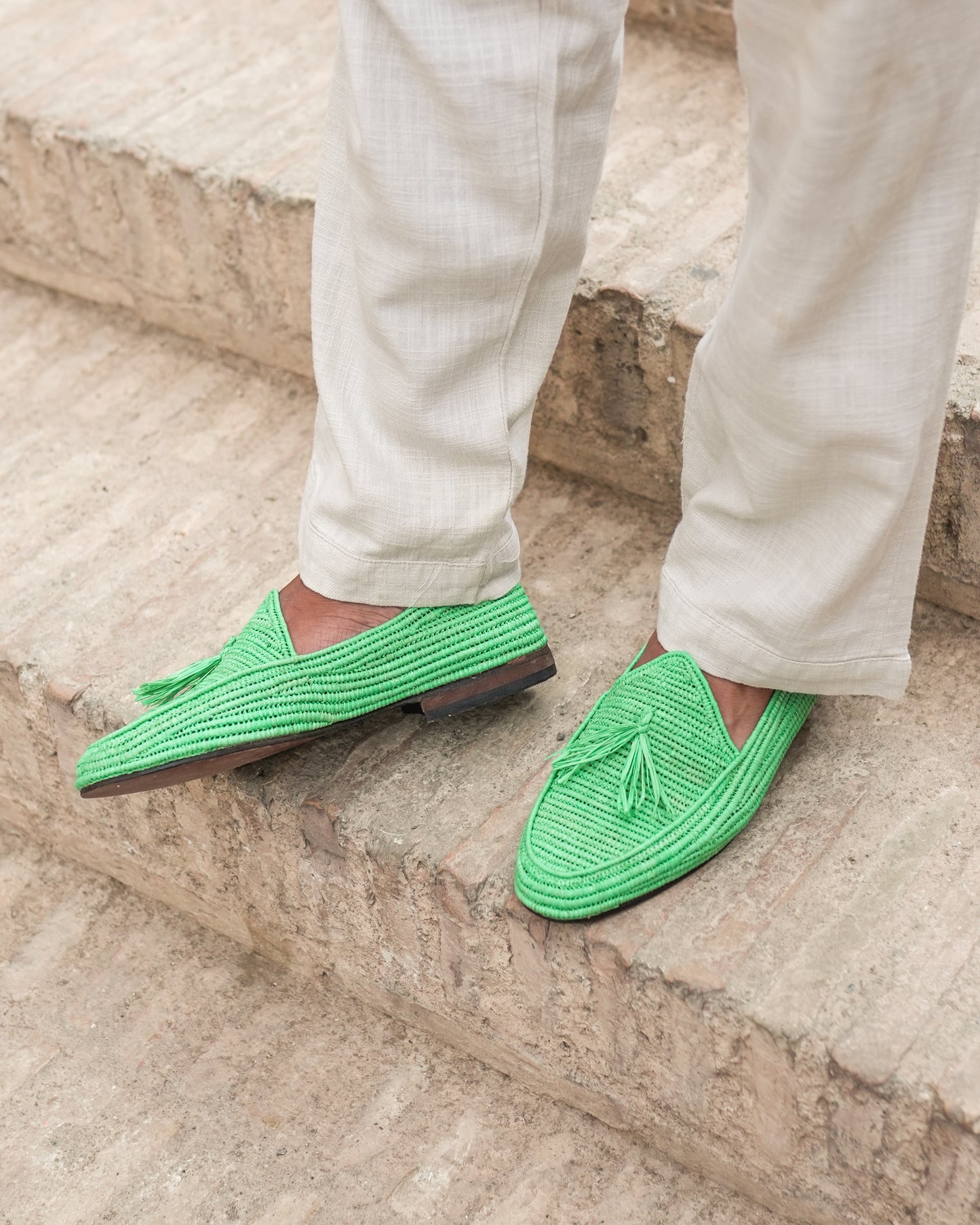Green Raffia Loafers for Men – Handwoven Moroccan Slip-On Dress Shoes