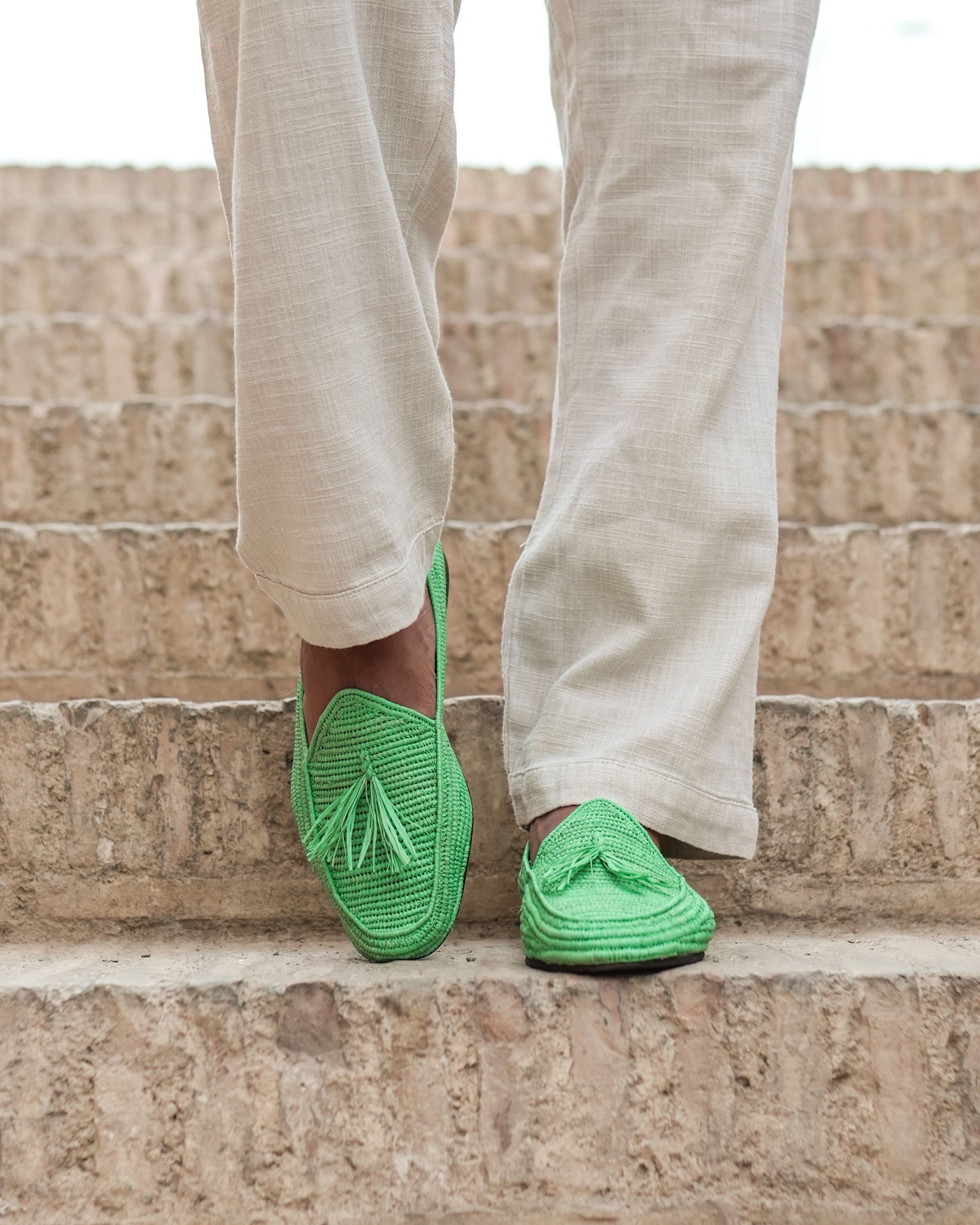 Green Raffia Loafers for Men – Handwoven Moroccan Slip-On Dress Shoes