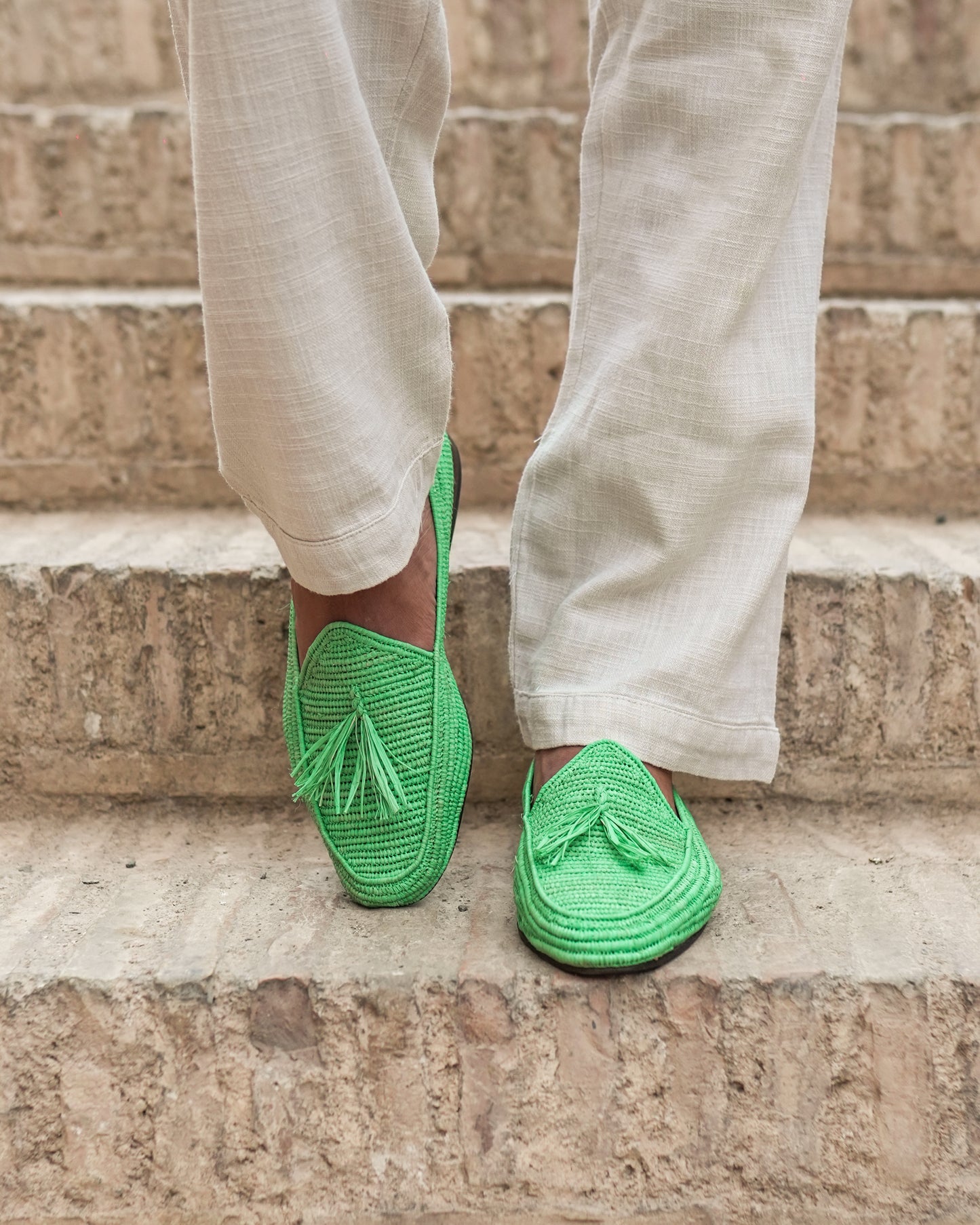 Green Raffia Loafers for Men – Handwoven Moroccan Slip-On Dress Shoes