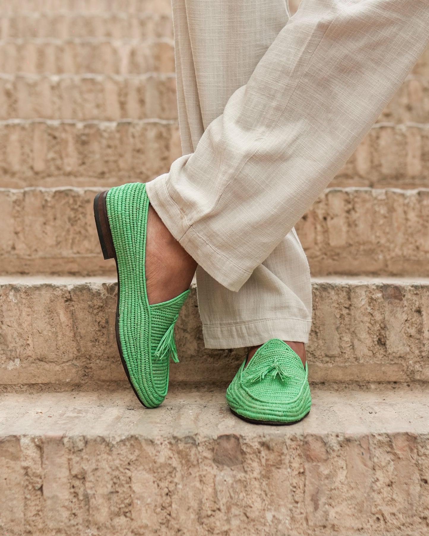 Green Raffia Loafers for Men – Handwoven Moroccan Slip-On Dress Shoes