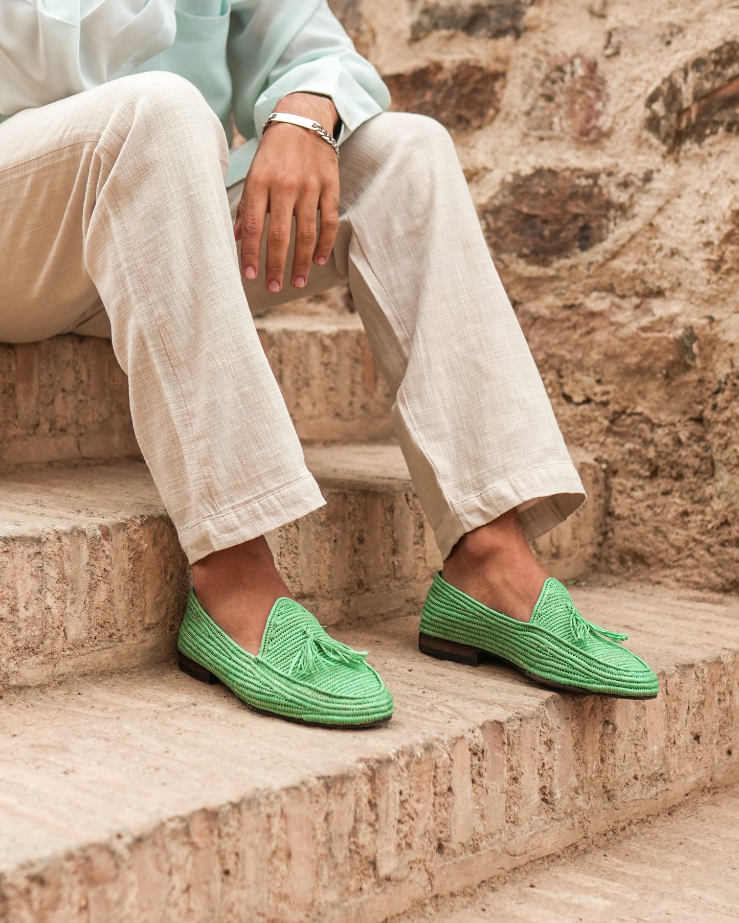 Green Raffia Loafers for Men – Handwoven Moroccan Slip-On Dress Shoes