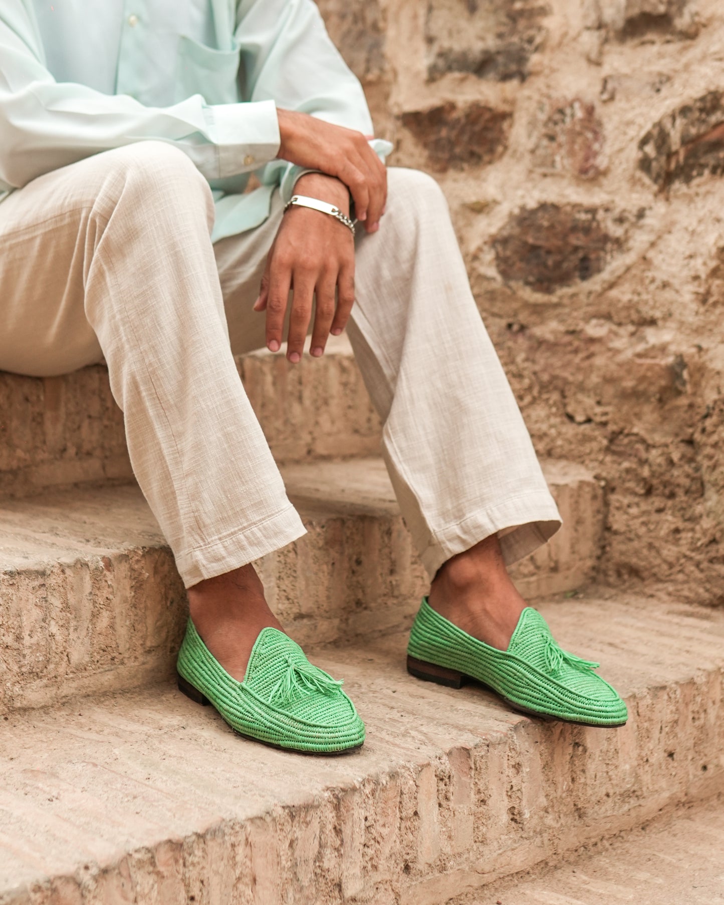 Green Raffia Loafers for Men – Handwoven Moroccan Slip-On Dress Shoes