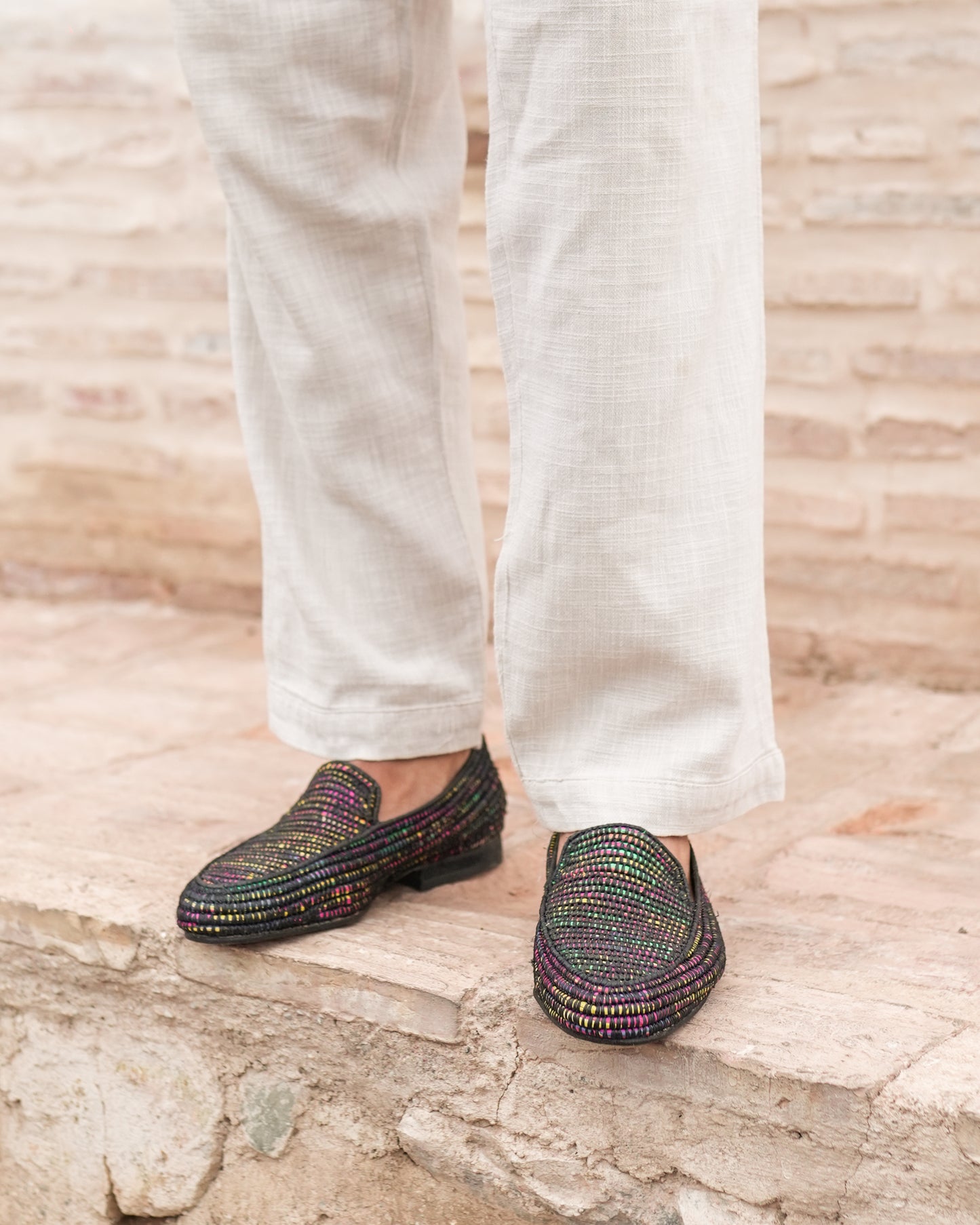 Multicolor Raffia Loafers for Men – Handwoven Moroccan Slip-Ons with Black Base
