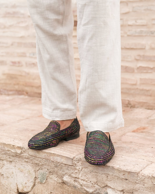 Multicolor Raffia Loafers for Men – Handwoven Moroccan Slip-Ons with Black Base