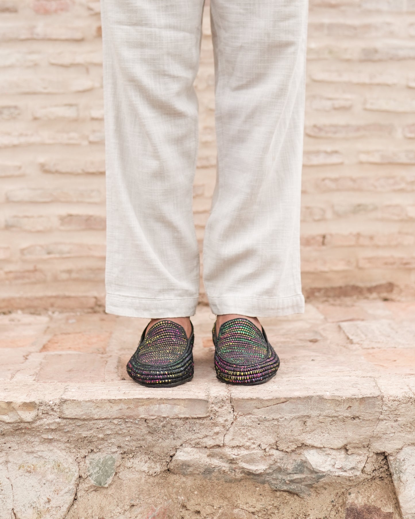 Multicolor Raffia Loafers for Men – Handwoven Moroccan Slip-Ons with Black Base