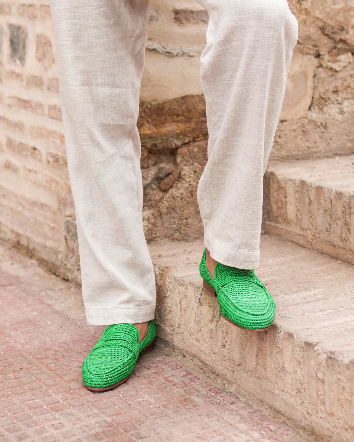 Green Handwoven Raffia Loafers for Men – Moroccan Artisan Dress Slip-Ons