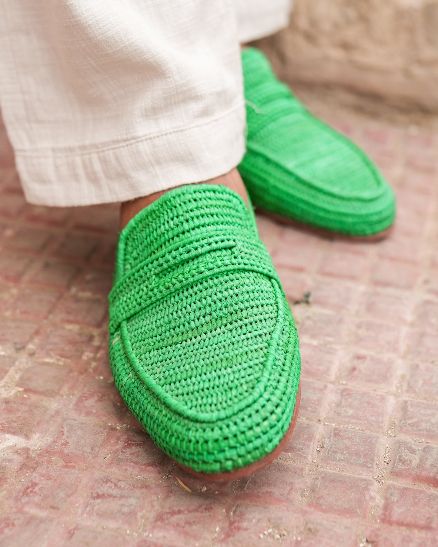Green Handwoven Raffia Loafers for Men – Moroccan Artisan Dress Slip-Ons