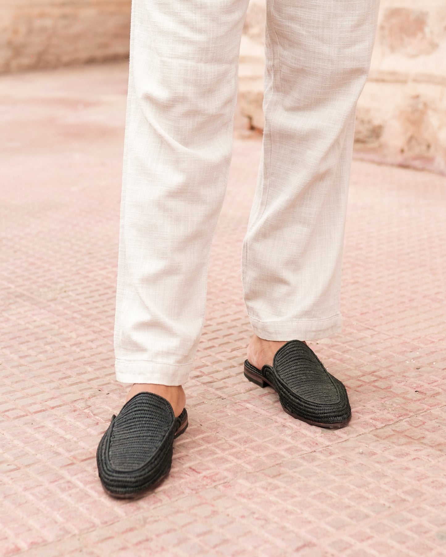 Handwoven Raffia Mules for Men – Black Moroccan Slip-On Loafers