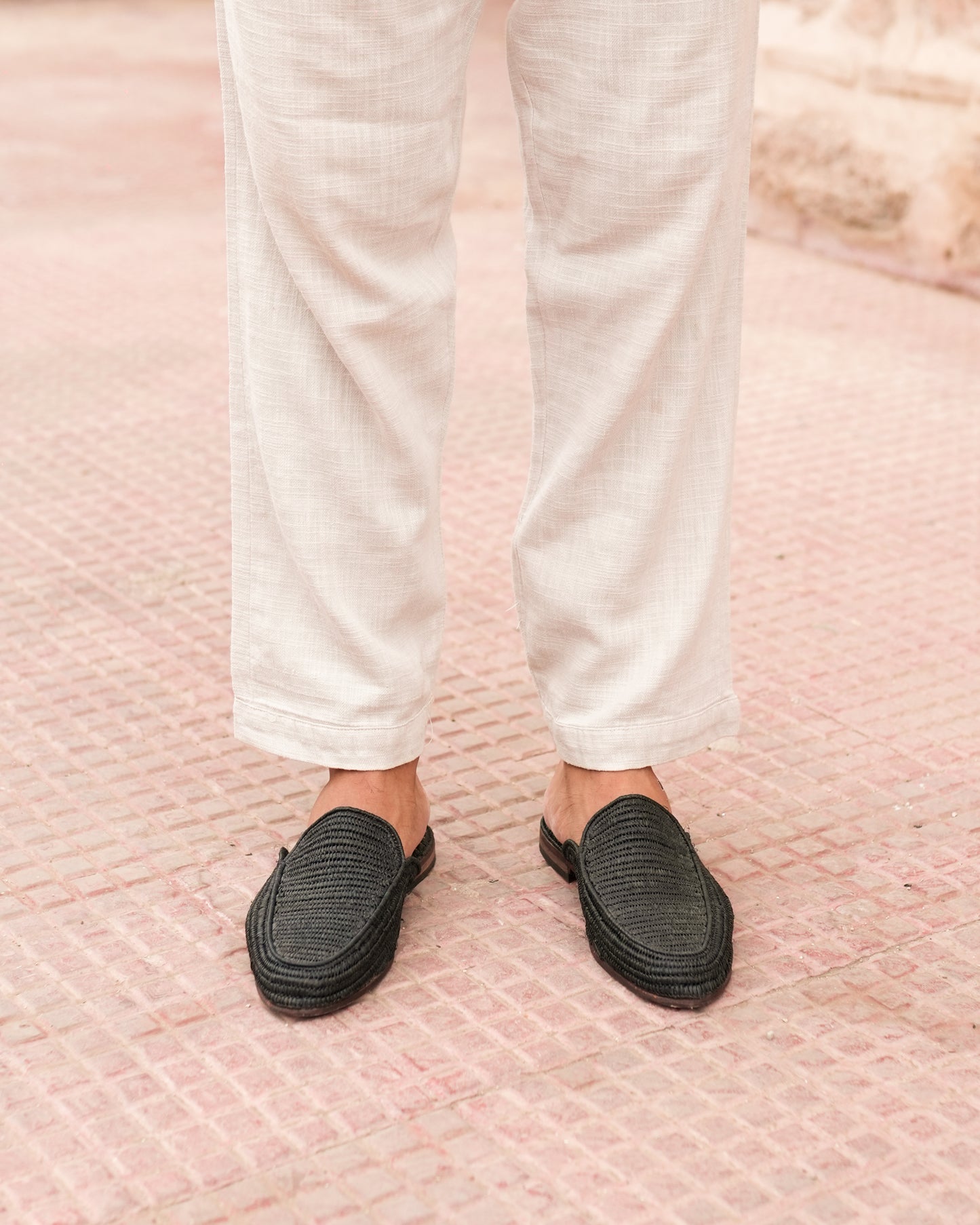 Handwoven Raffia Mules for Men – Black Moroccan Slip-On Loafers