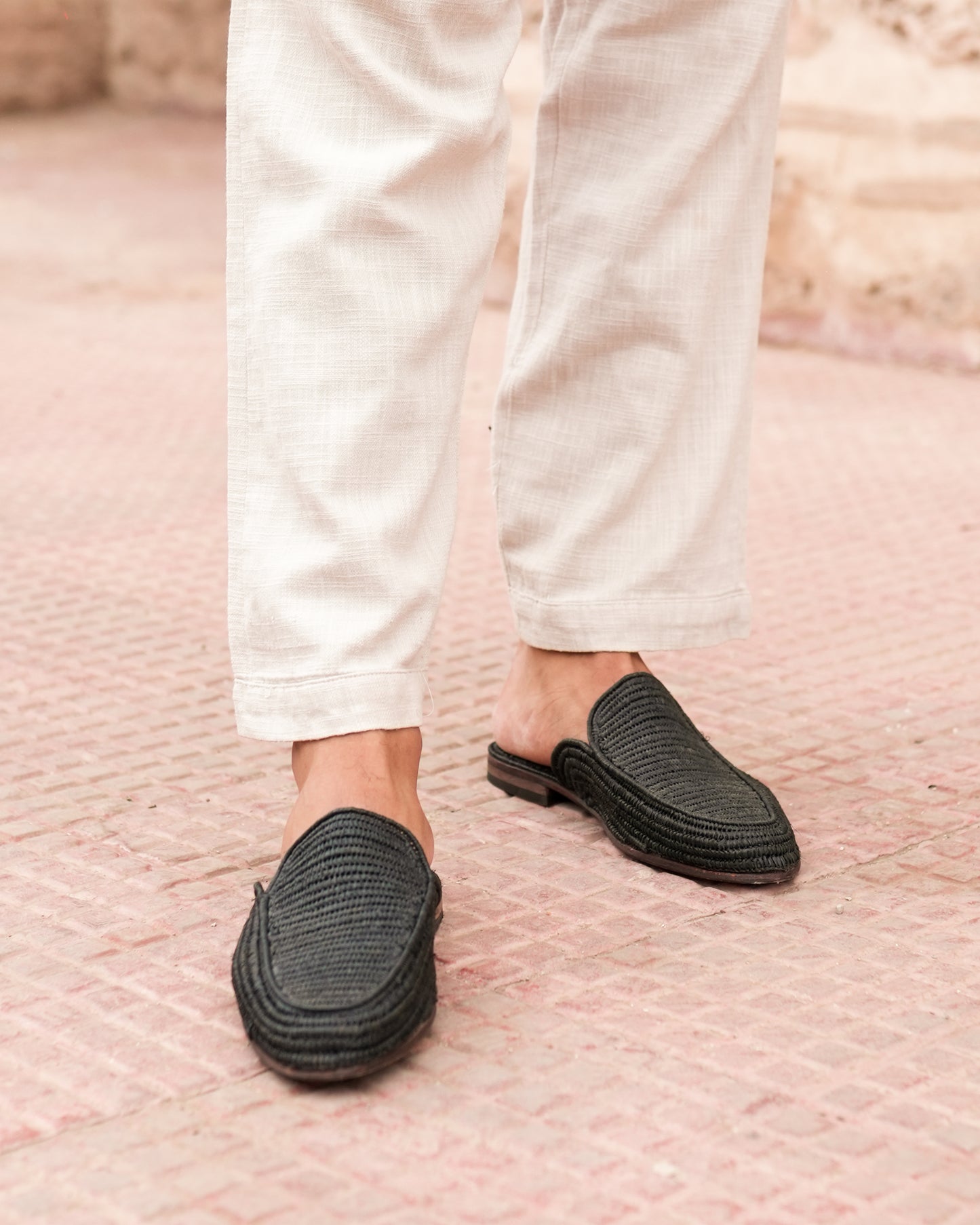 Handwoven Raffia Mules for Men – Black Moroccan Slip-On Loafers