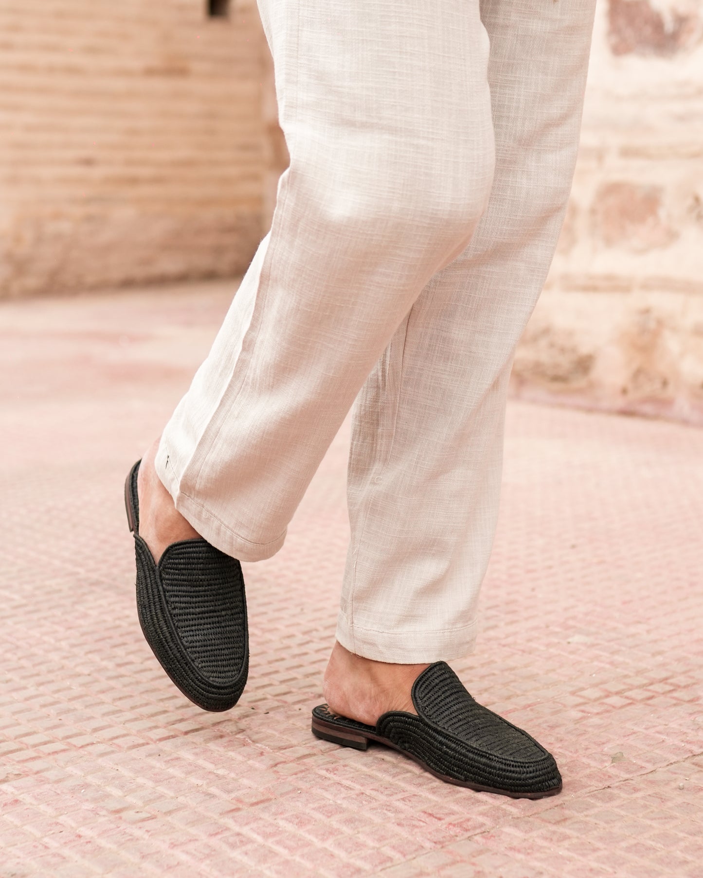 Handwoven Raffia Mules for Men – Black Moroccan Slip-On Loafers