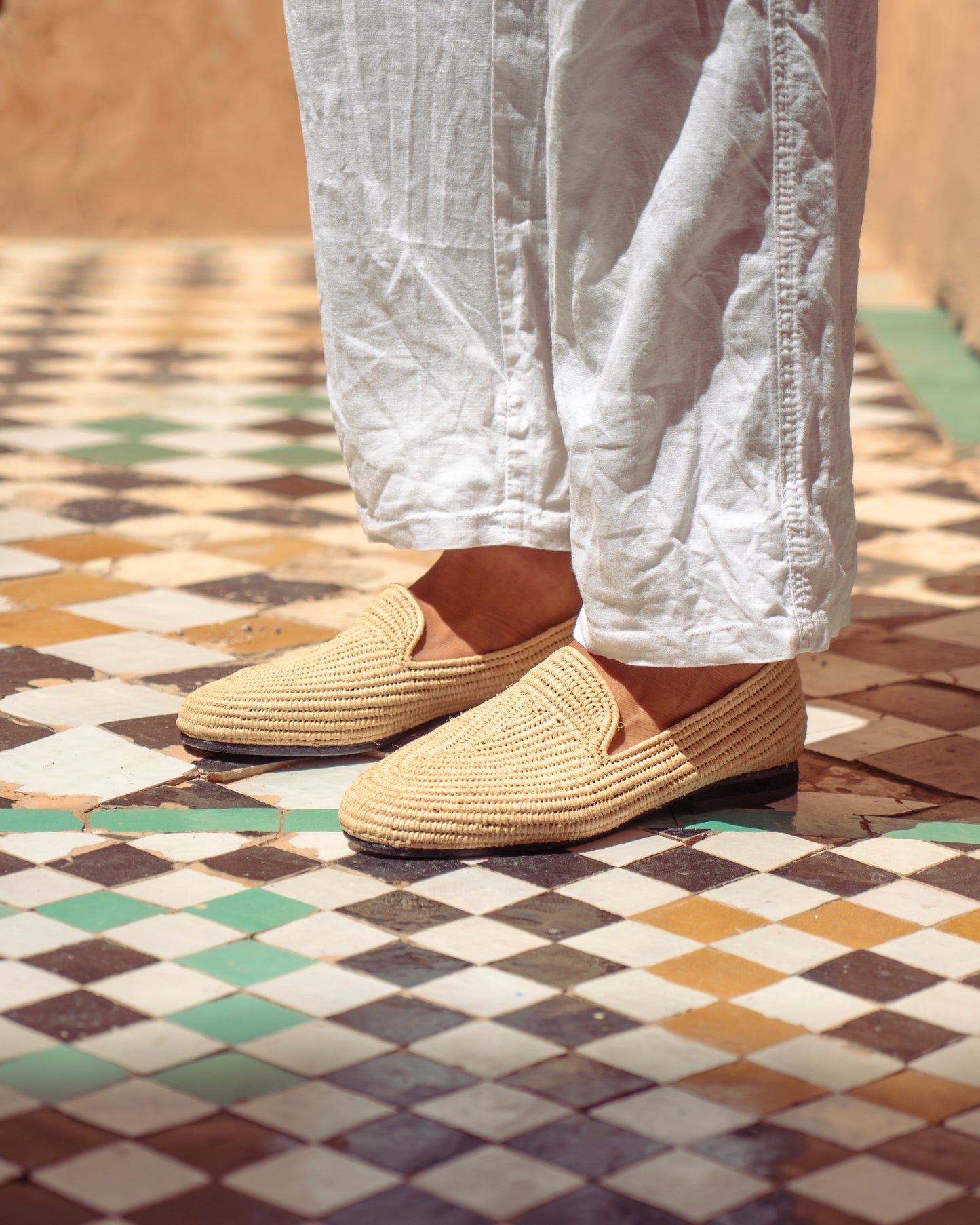 Natural Raffia Loafers for Men – Handwoven Moroccan Slip-On Dress Shoes