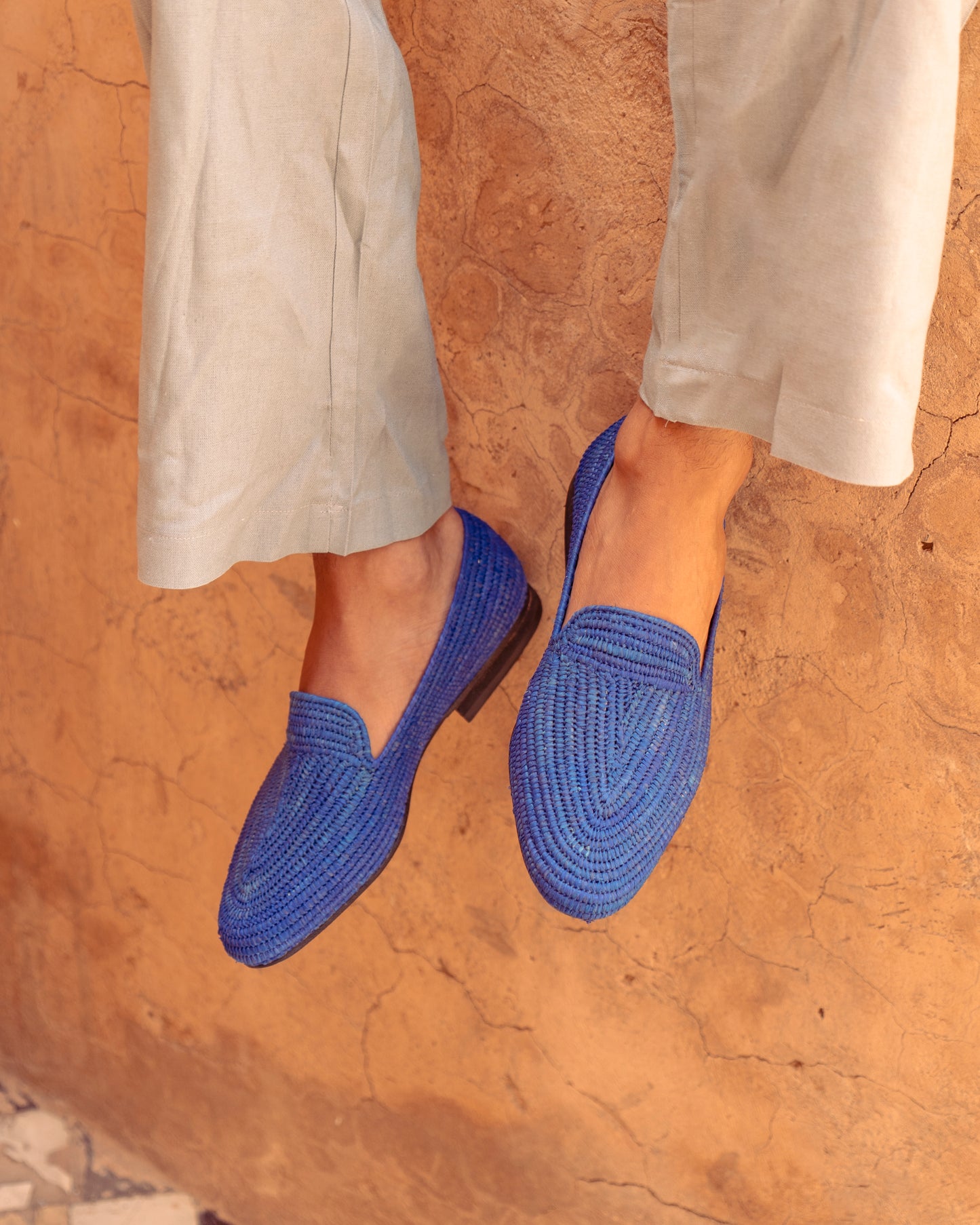 Blue Raffia Loafers for Men – Handwoven Moroccan Slip-On Dress Shoes