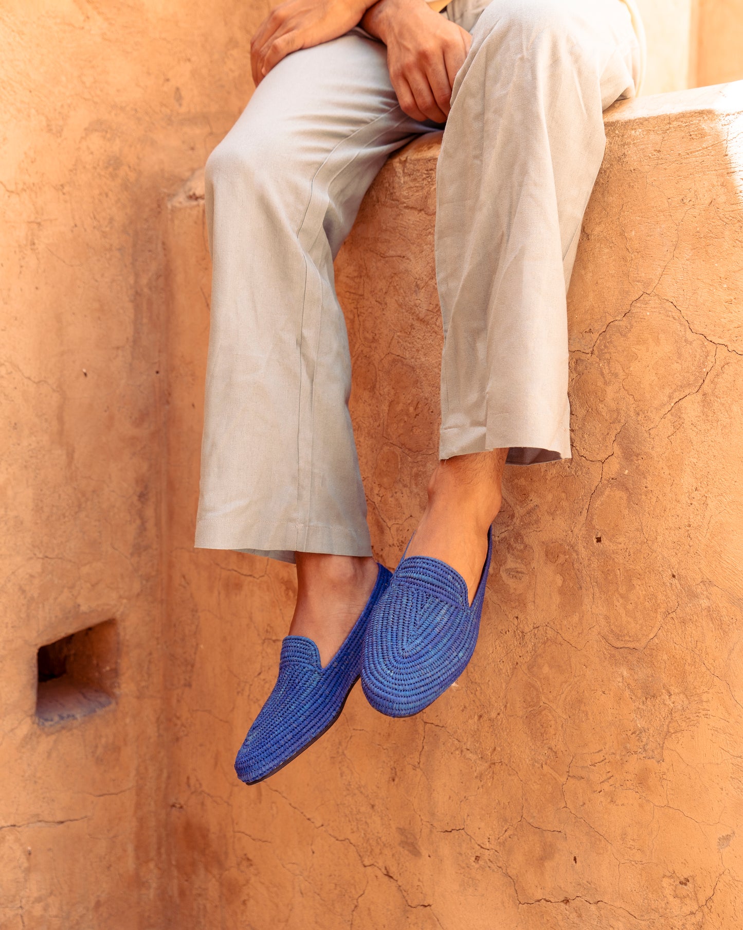 Blue Raffia Loafers for Men – Handwoven Moroccan Slip-On Dress Shoes