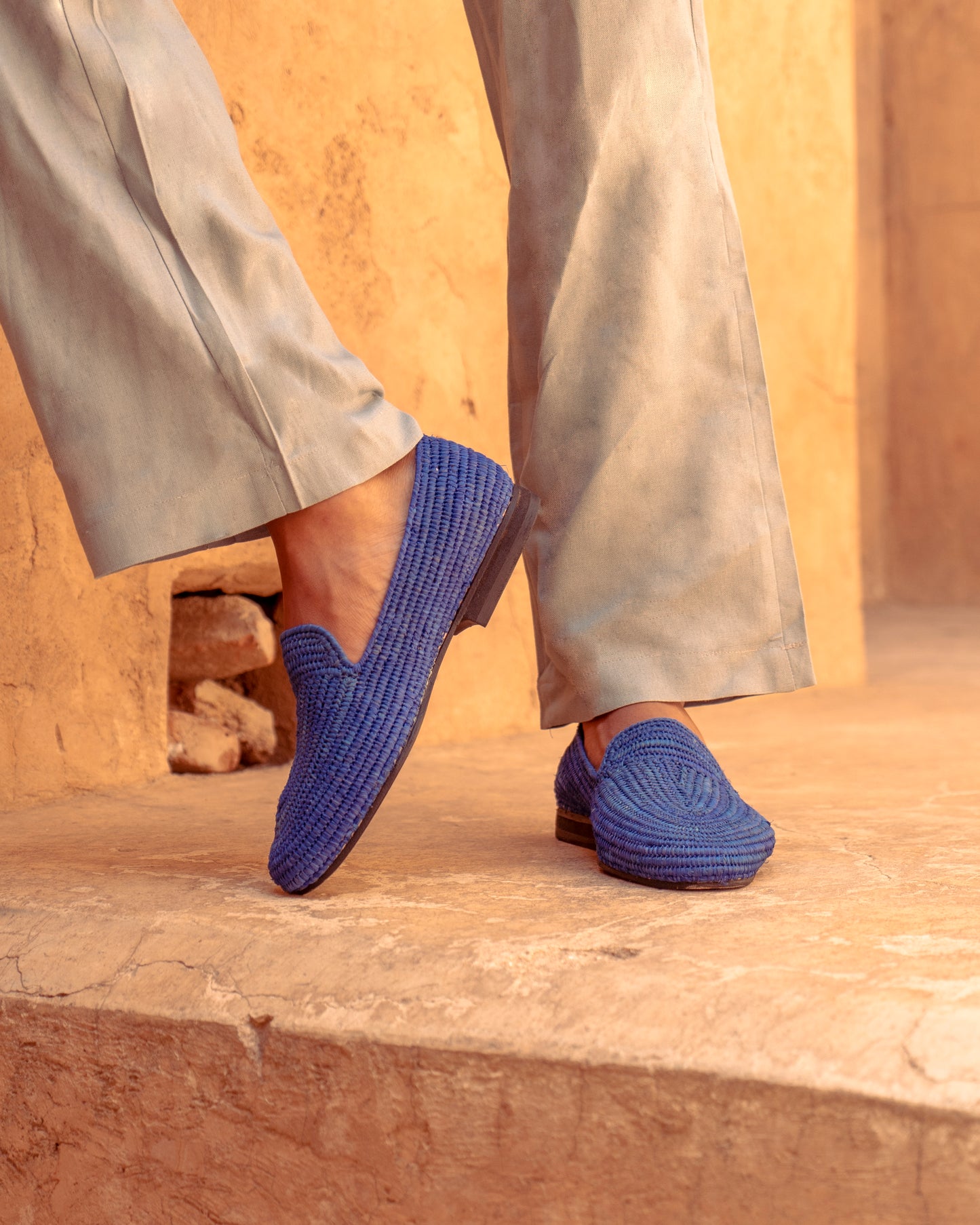 Blue Raffia Loafers for Men – Handwoven Moroccan Slip-On Dress Shoes