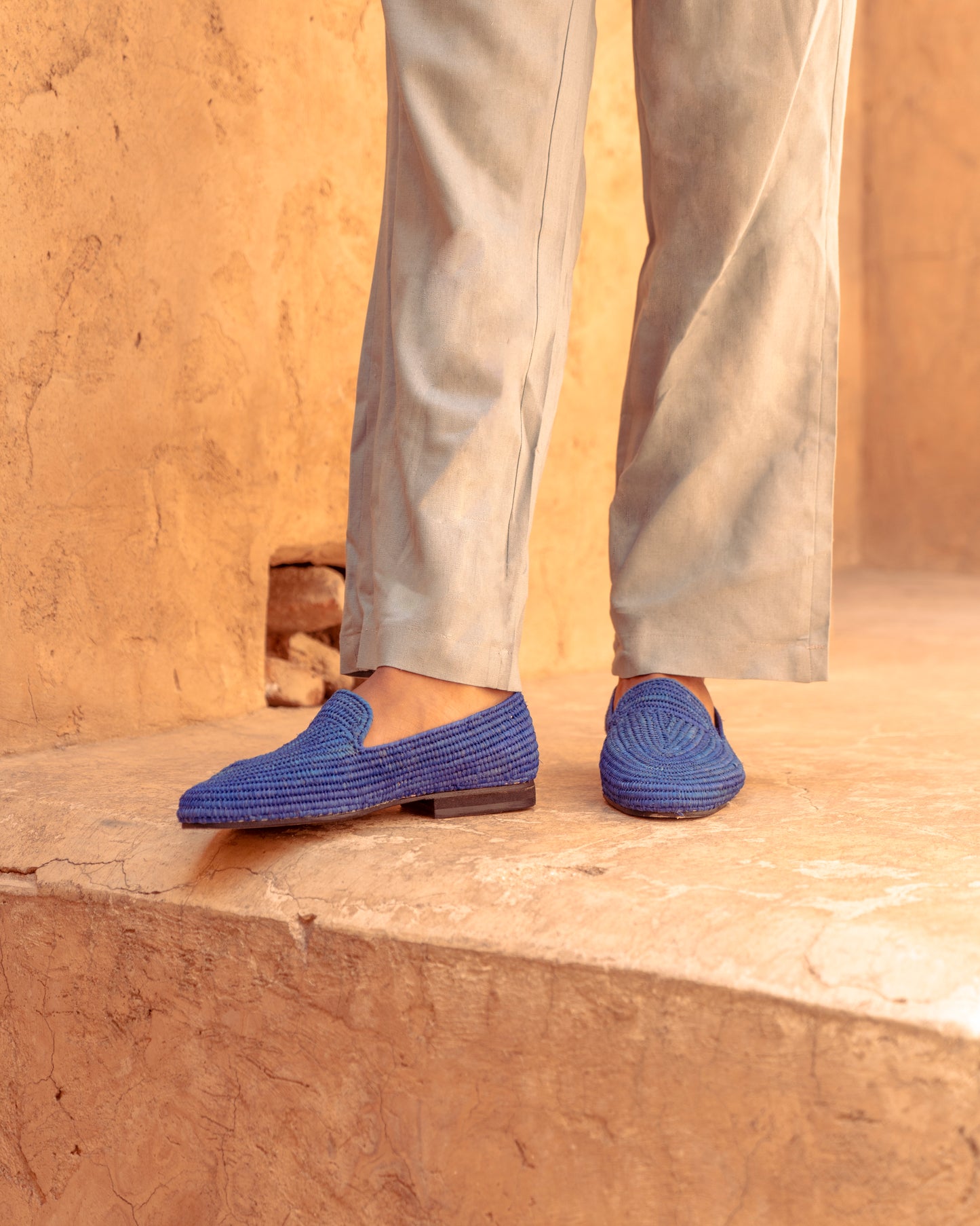 Blue Raffia Loafers for Men – Handwoven Moroccan Slip-On Dress Shoes