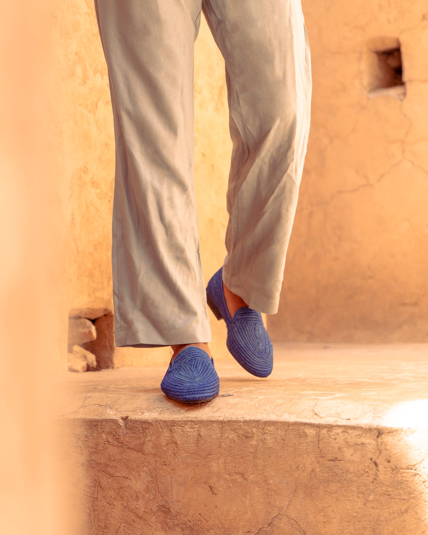 Blue Raffia Loafers for Men – Handwoven Moroccan Slip-On Dress Shoes