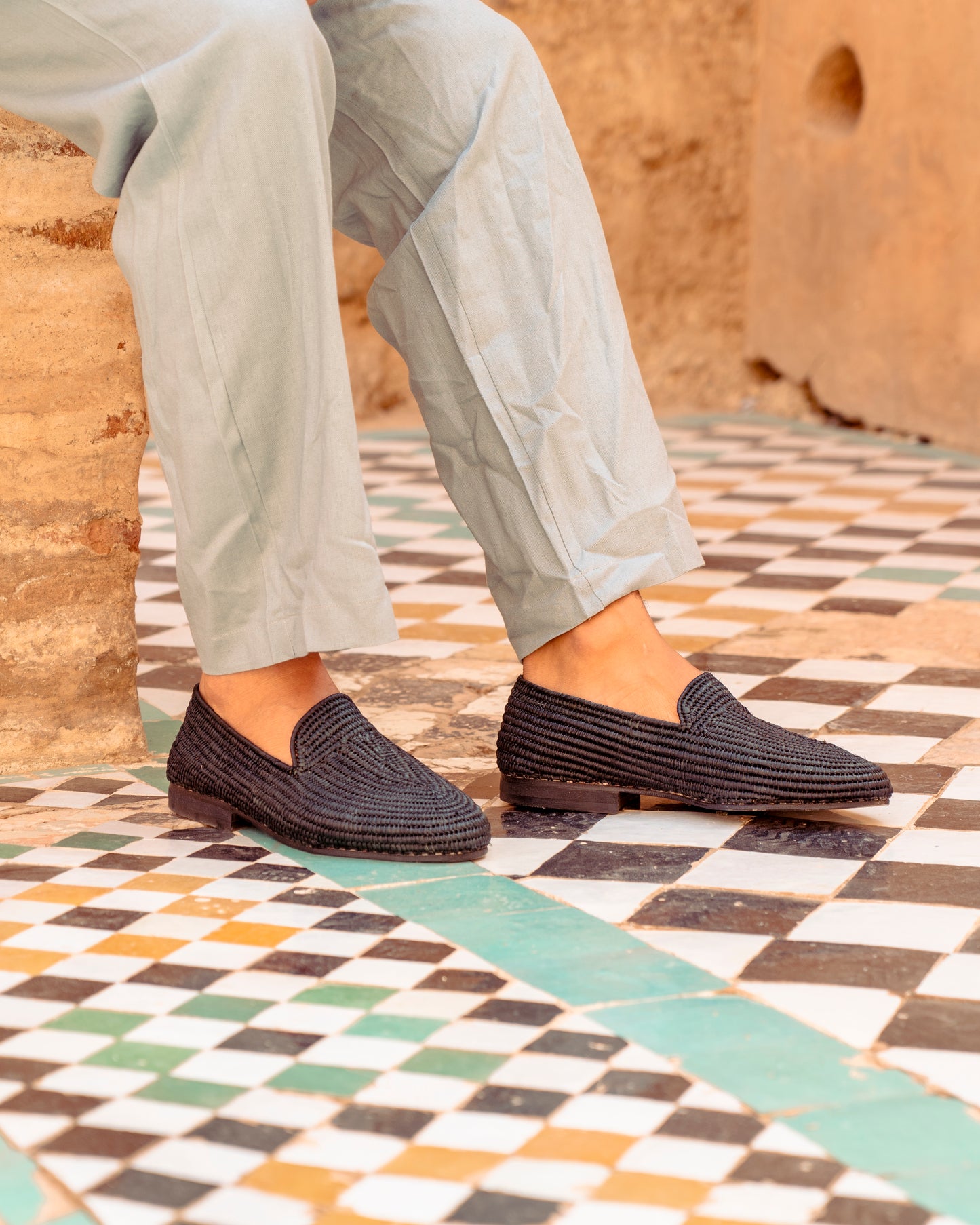 Black Raffia Loafers for Men – Handwoven Moroccan Slip-On Dress Shoes