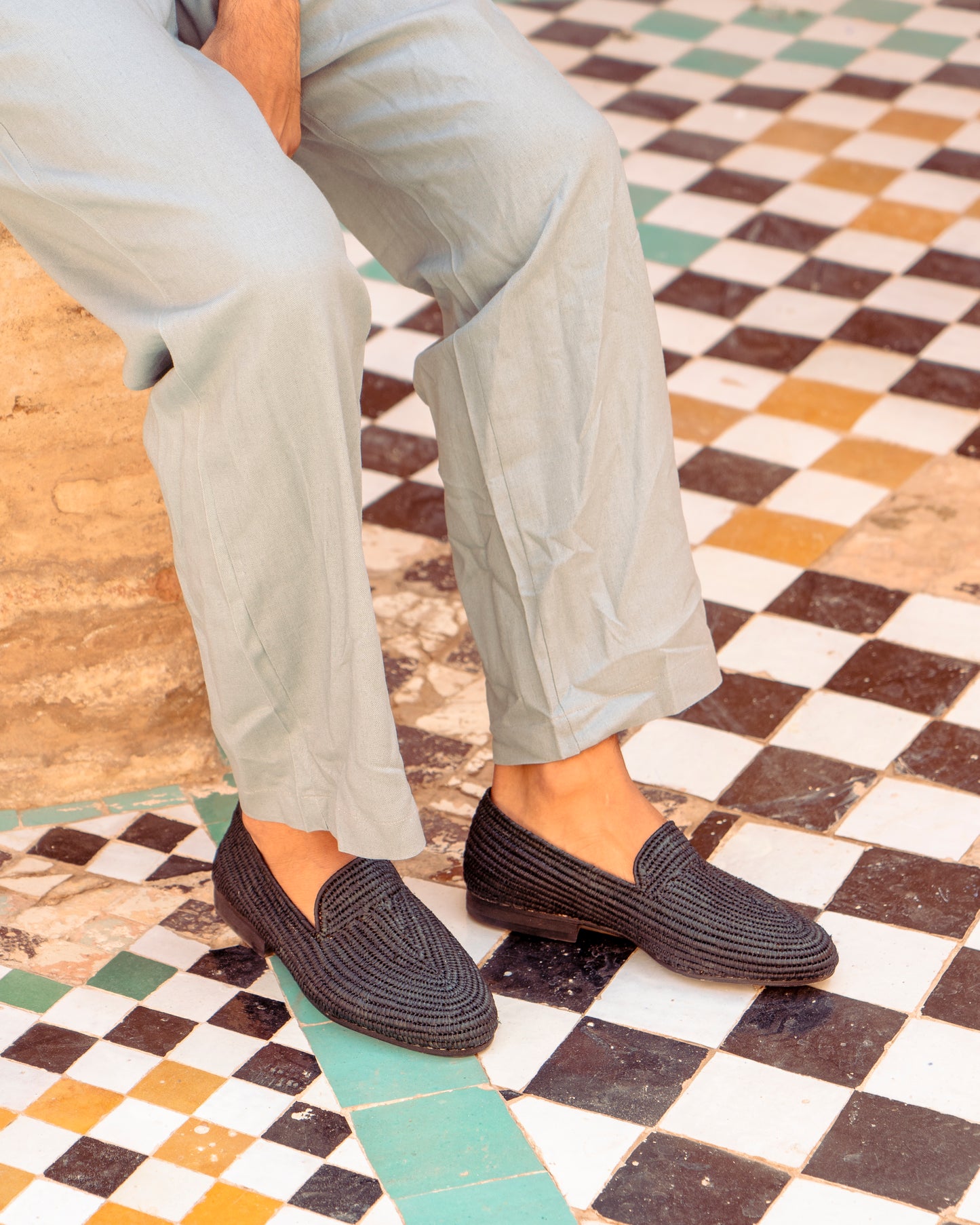 Black Raffia Loafers for Men – Handwoven Moroccan Slip-On Dress Shoes