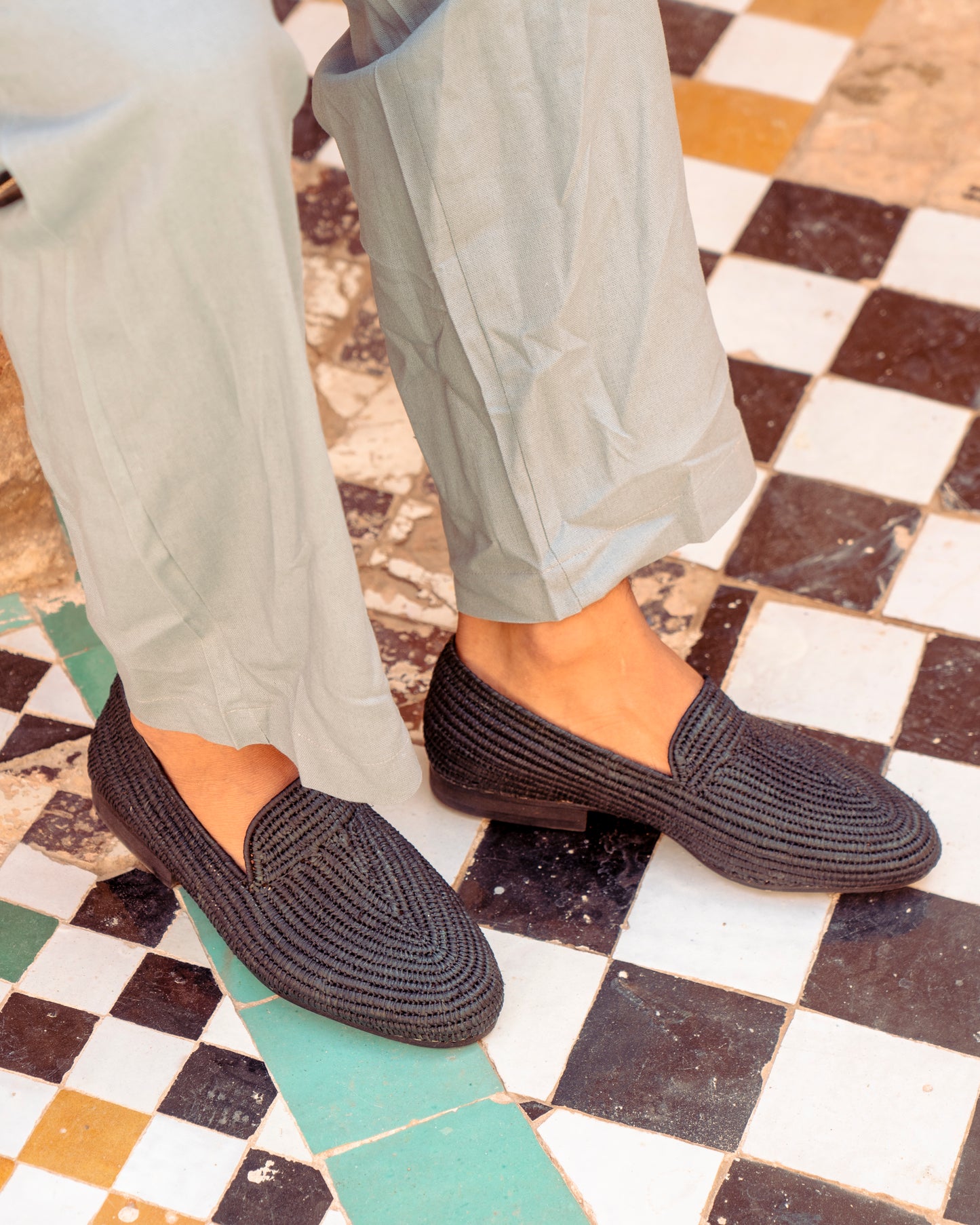 Black Raffia Loafers for Men – Handwoven Moroccan Slip-On Dress Shoes