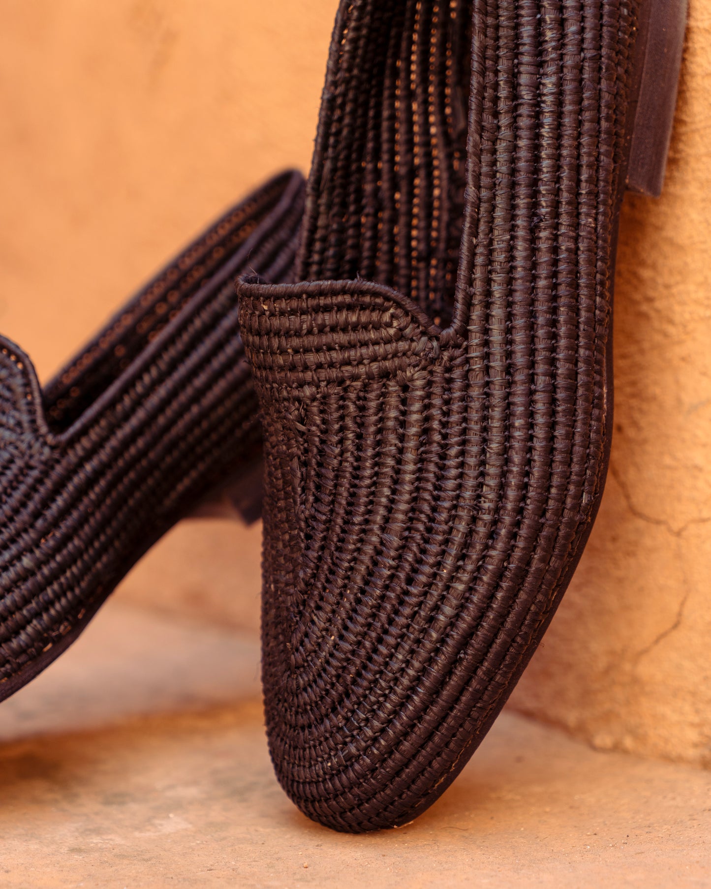 Black Raffia Loafers for Men – Handwoven Moroccan Slip-On Dress Shoes