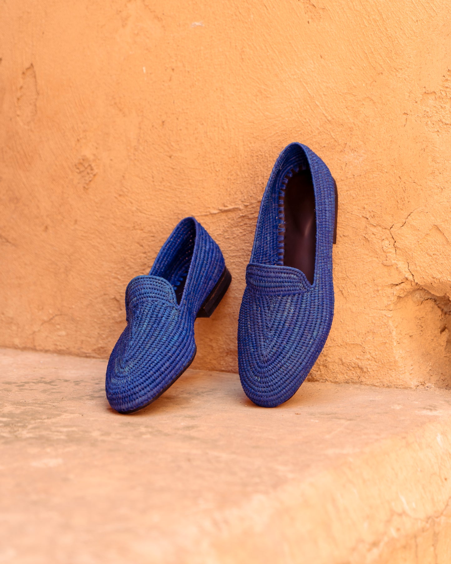 Blue Raffia Loafers for Men – Handwoven Moroccan Slip-On Dress Shoes