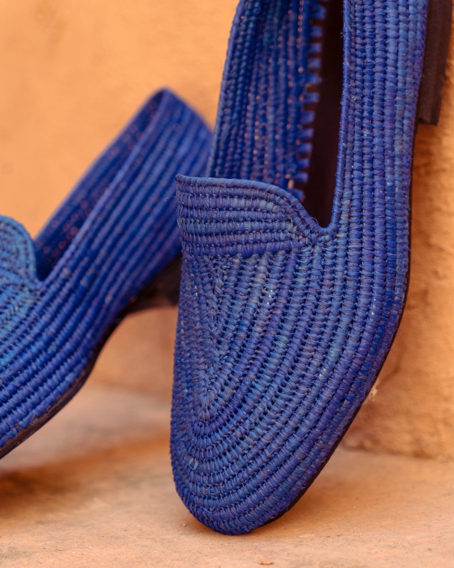 Blue Raffia Loafers for Men – Handwoven Moroccan Slip-On Dress Shoes