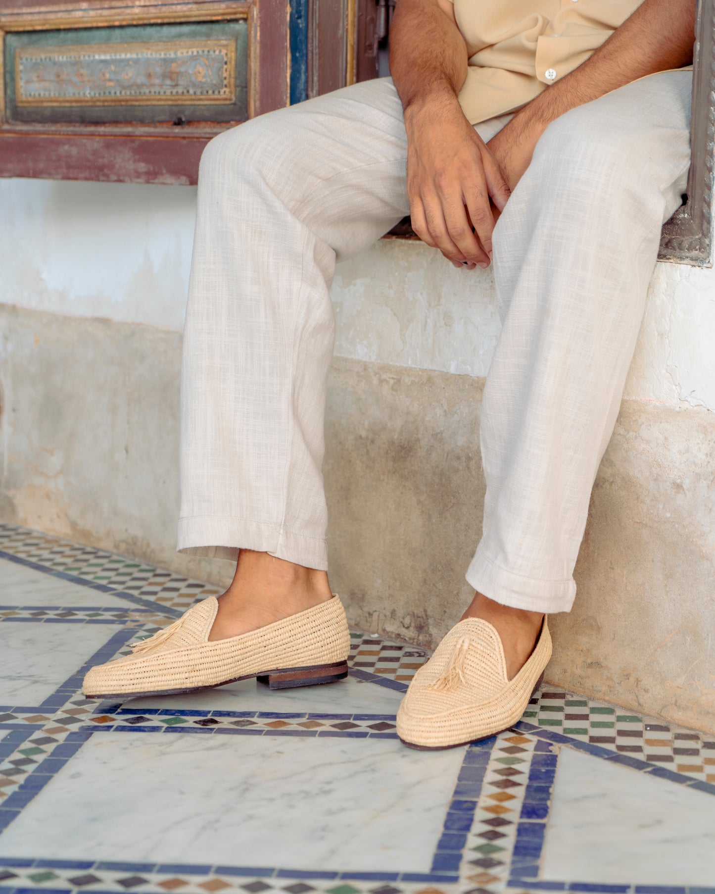 Natural Raffia Tassel Loafers for Men – Handwoven Moroccan Slip-On Dress Shoes