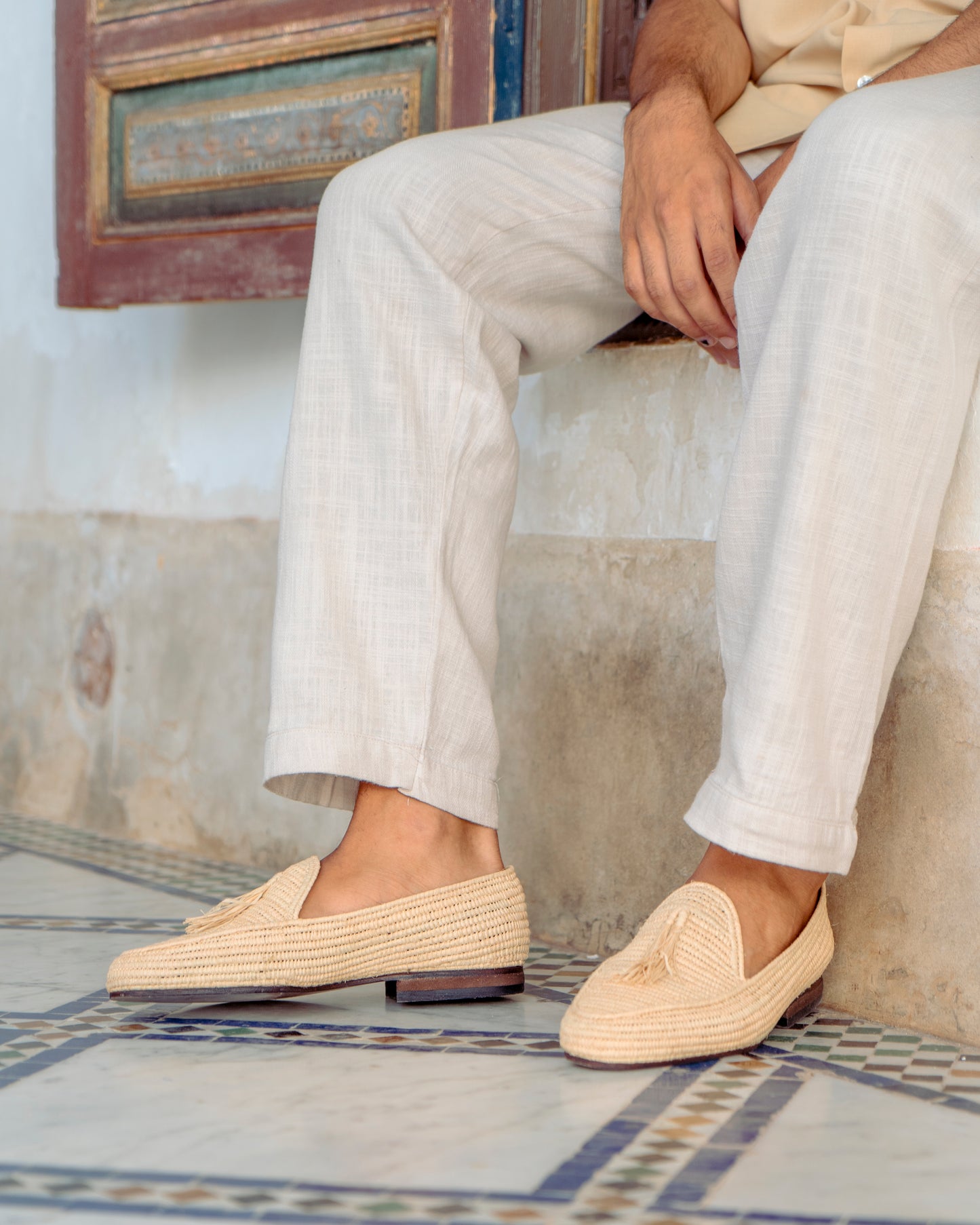 Natural Raffia Tassel Loafers for Men – Handwoven Moroccan Slip-On Dress Shoes