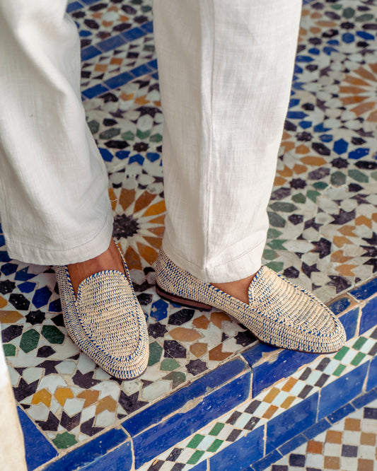 Natural & Blue Raffia Loafers for Men – Handwoven Moroccan Slip-On Dress Shoes