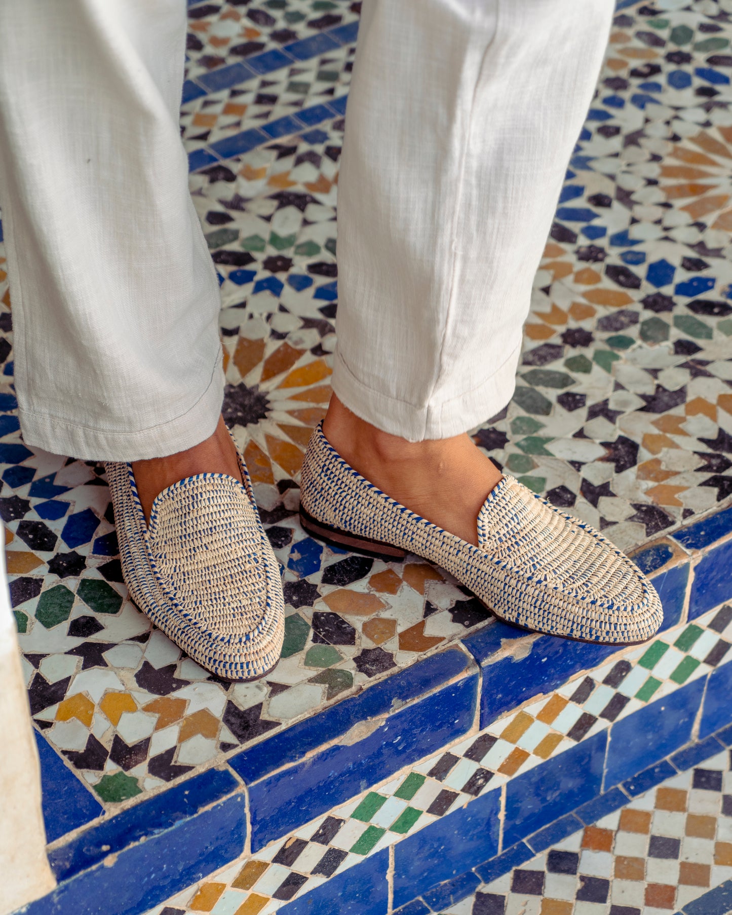 Natural & Blue Raffia Loafers for Men – Handwoven Moroccan Slip-On Dress Shoes
