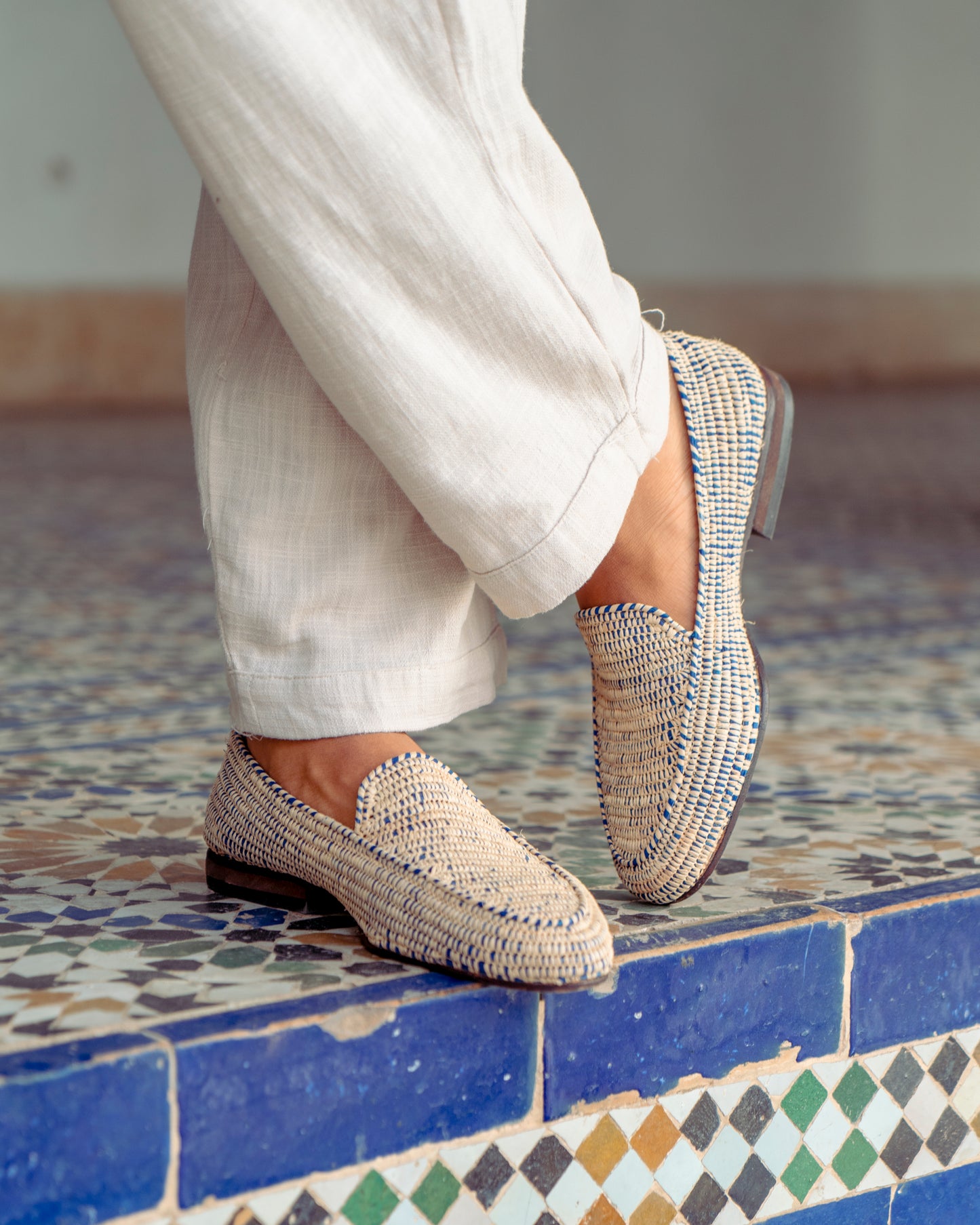 Natural & Blue Raffia Loafers for Men – Handwoven Moroccan Slip-On Dress Shoes