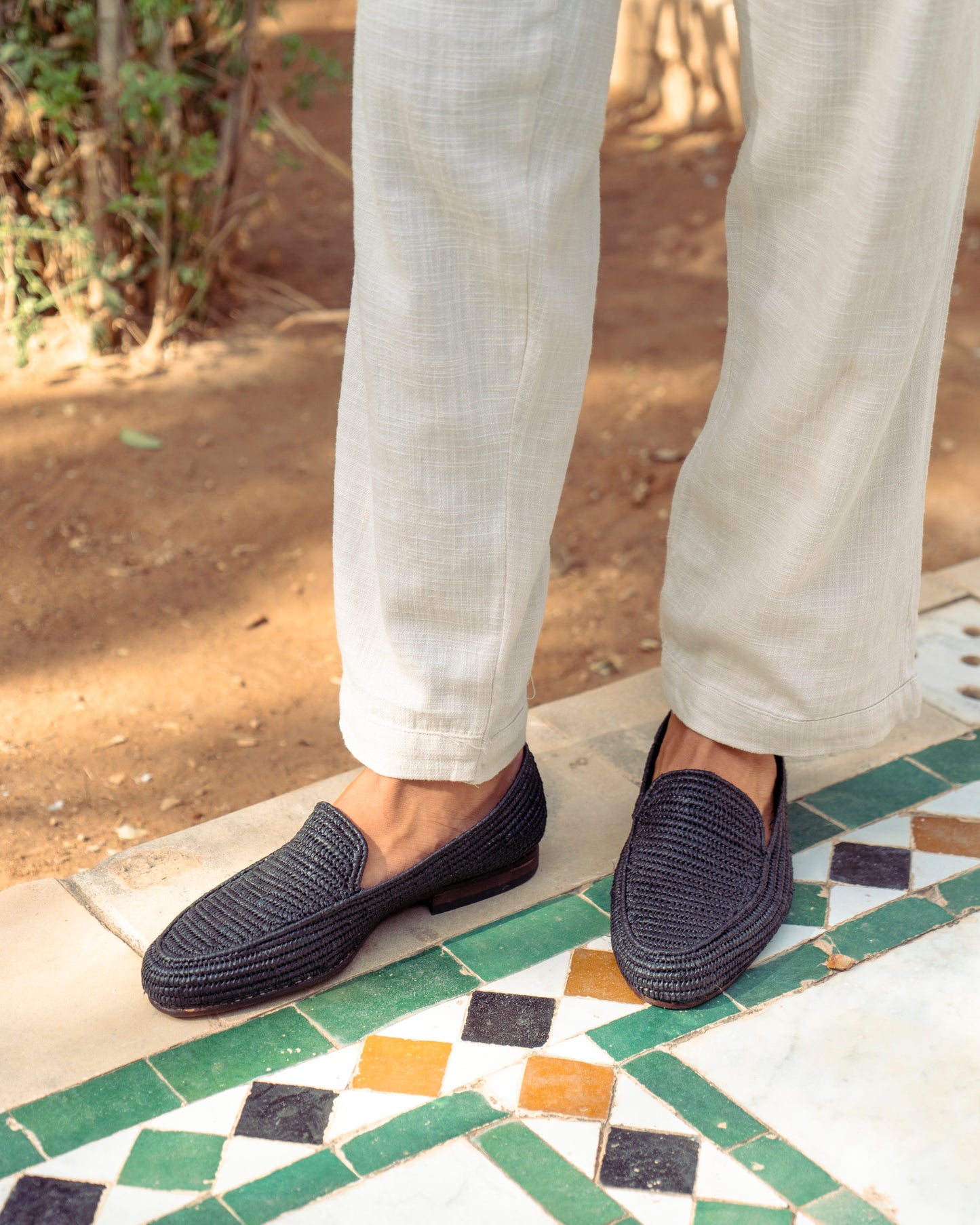 Black Raffia Loafers for Men – Handwoven Moroccan Slip-On Dress Shoes