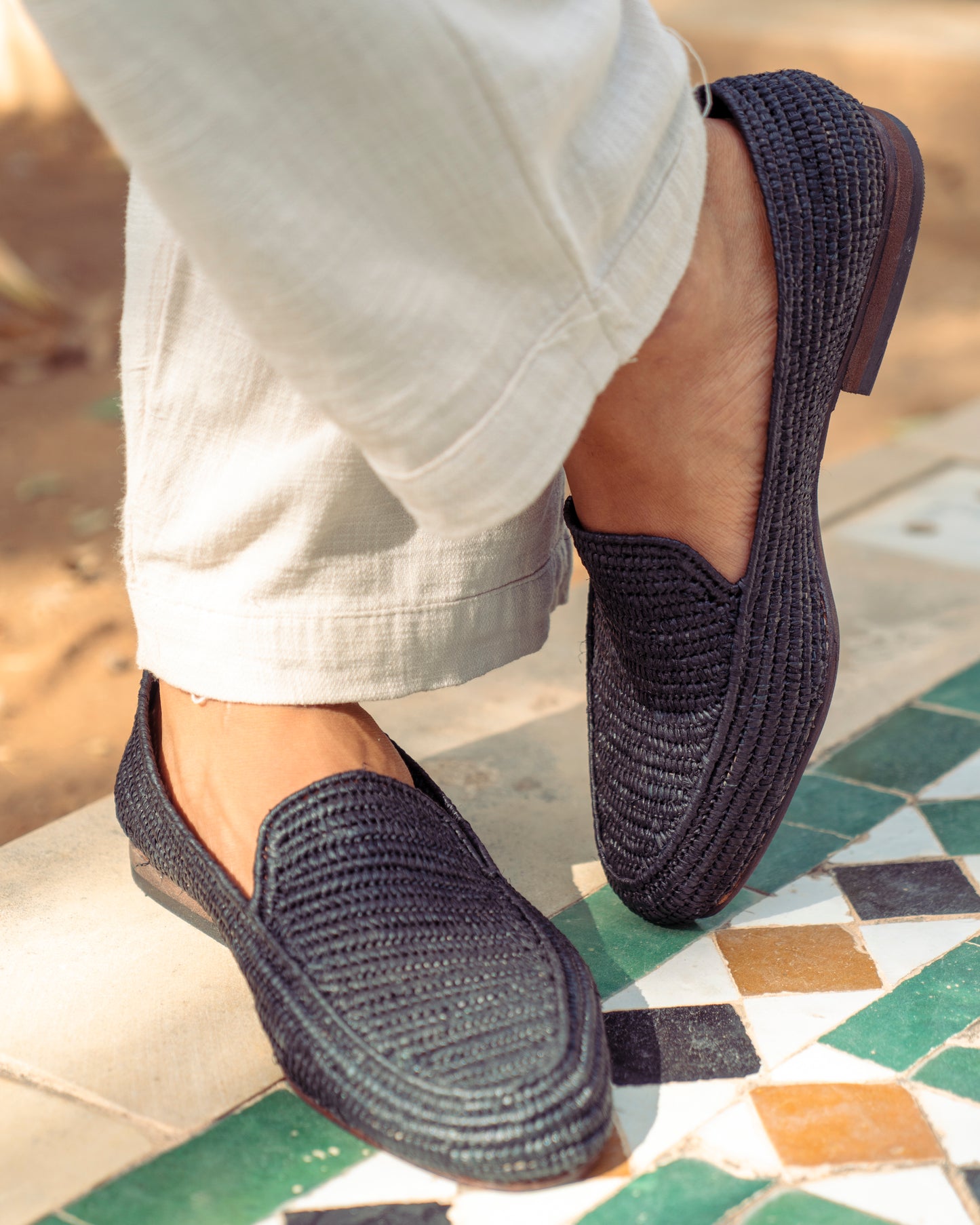 Black Raffia Loafers for Men – Handwoven Moroccan Slip-On Dress Shoes