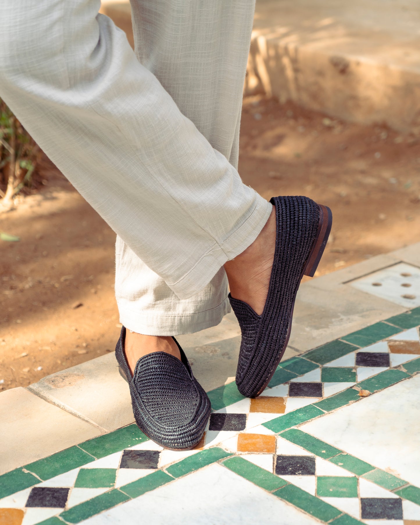Black Raffia Loafers for Men – Handwoven Moroccan Slip-On Dress Shoes