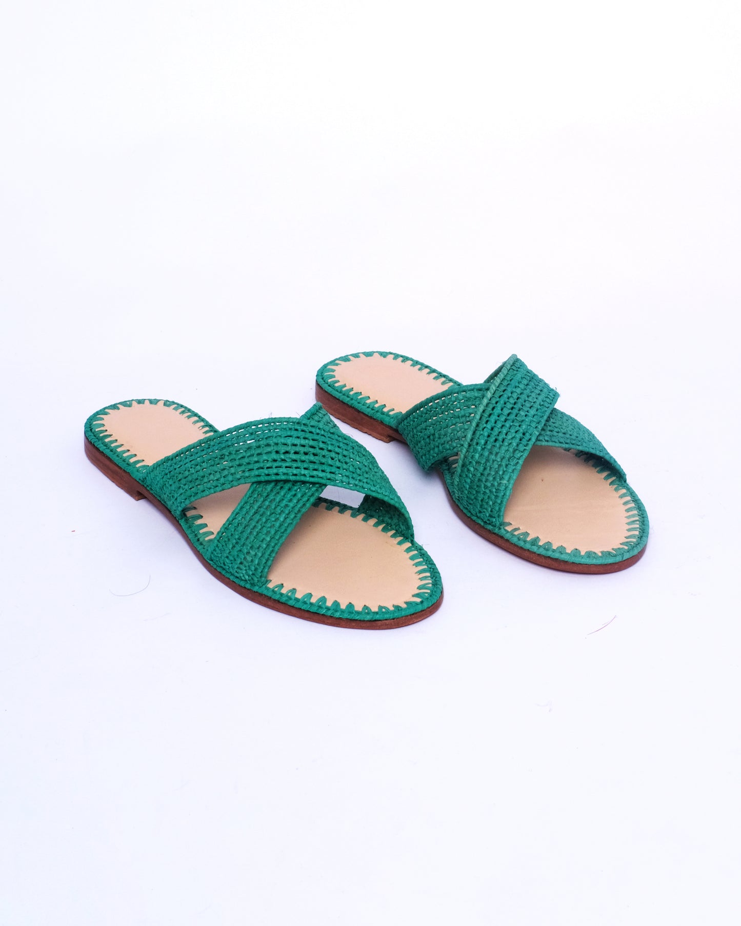 Women’s Green Raffia Slides – Handmade Criss-Cross Sandals